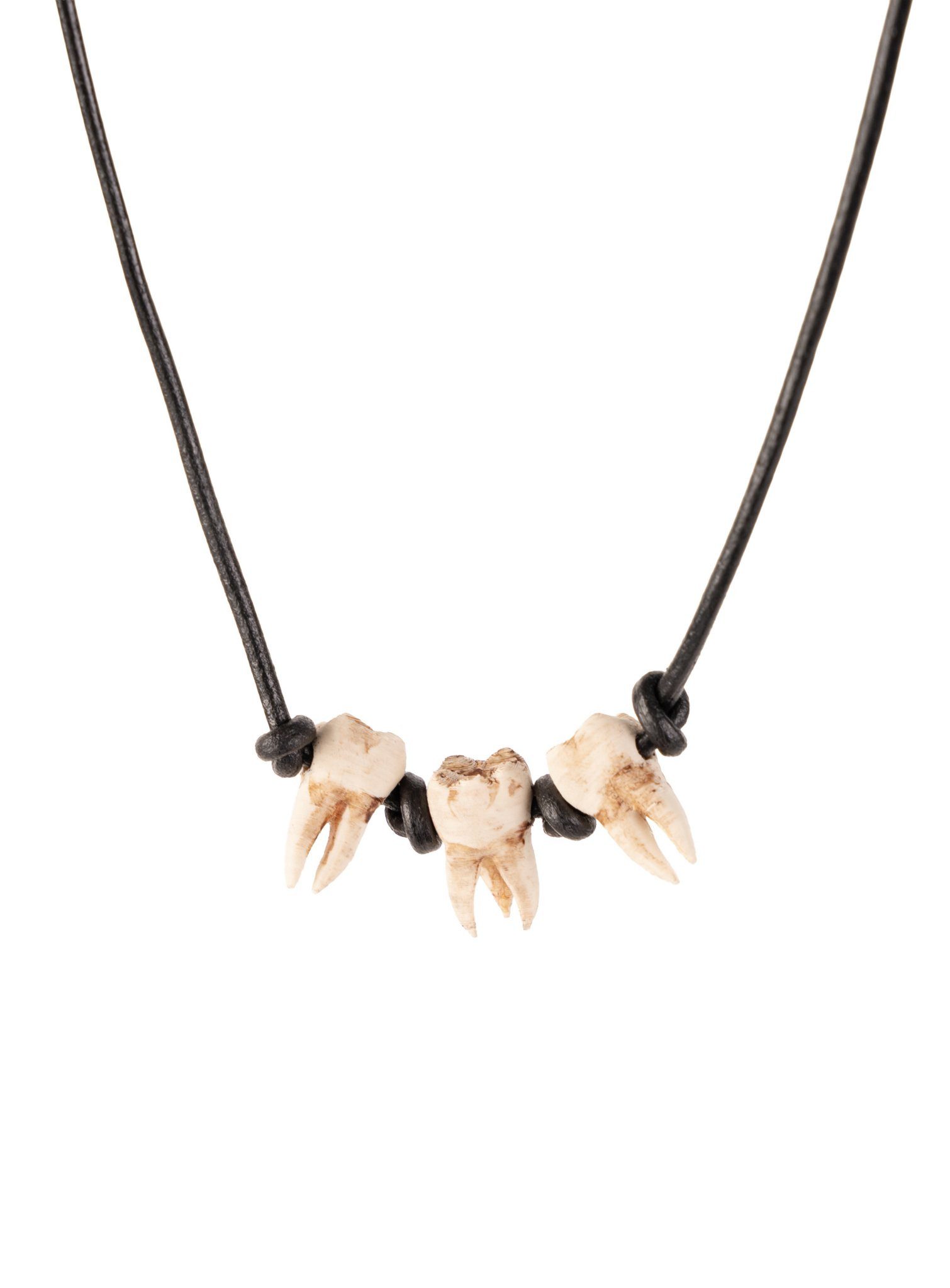 Andracor Hexen-Kostüm 3 menschliche Zähne Anhänger mit Lederband, Eine fiese Kette aus Menschenzähnen als Gruselschmuck für Halloween