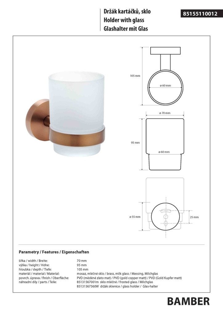BRILLANTBAD® Zahnbürstenhalter BAMBER Glashalter Gold Kupfer matt für Bad & Küche >> Bohren / Kleben