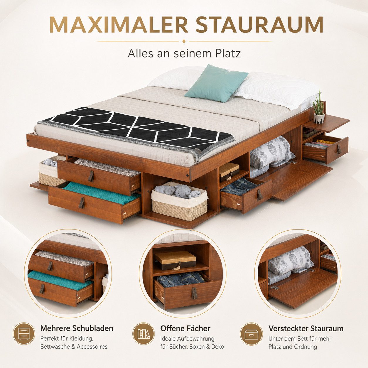 Memomad Stauraumbett MEMOMAD Stauraumbett mit Schubladen, Regalen & Lattenrost (Mehr Ordnung im Schlafzimmer, ohne zusätzliche Möbel), Bali Stauraumbett mit Schubladen, Regalfächern & Lattenrost
