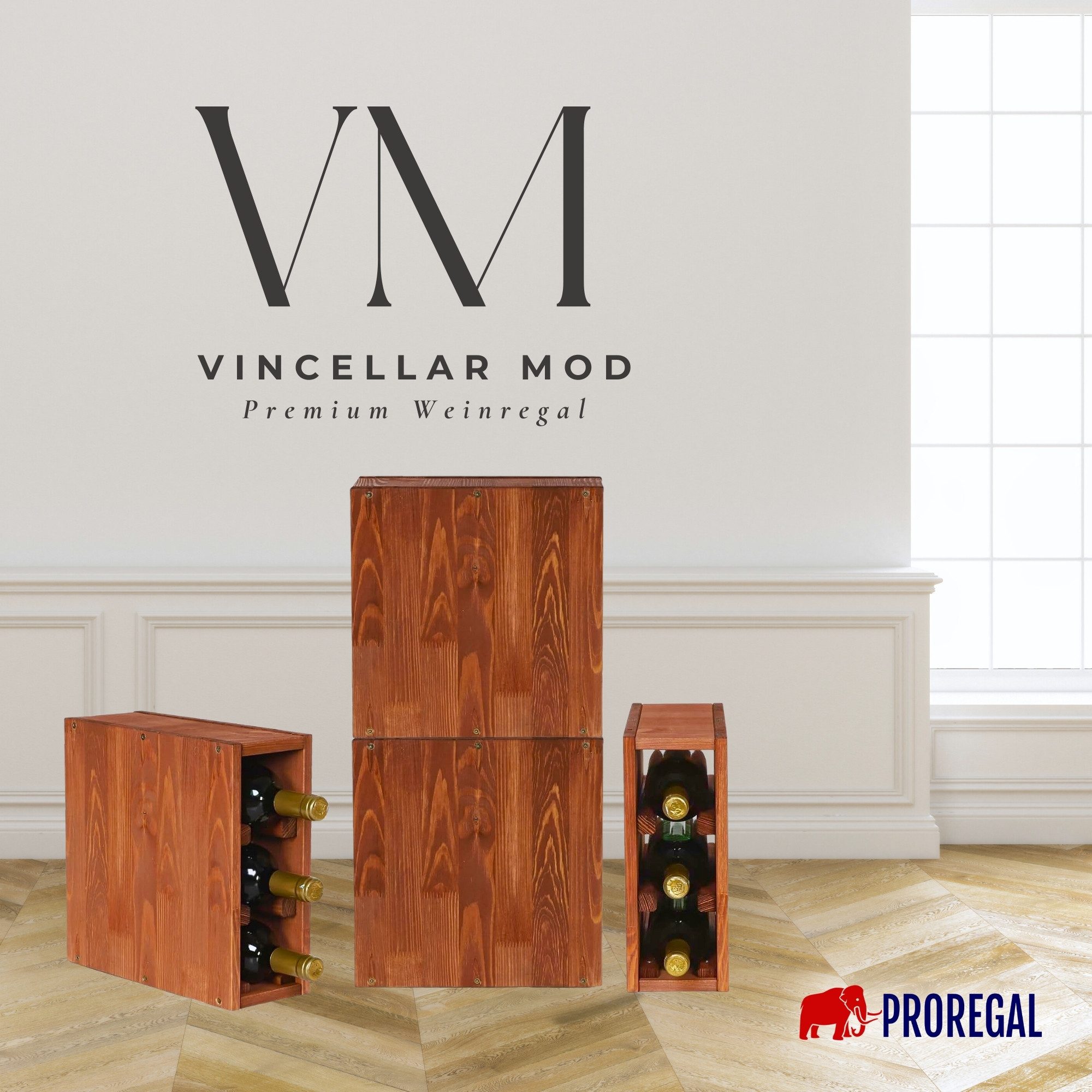PROREGAL® Weinregal VINCELLAR MOD Flaschenregal Modulares System Massivholz, Weinständer Massivholz Stapelbar Weinschrank Küche Vorratsraum Keller