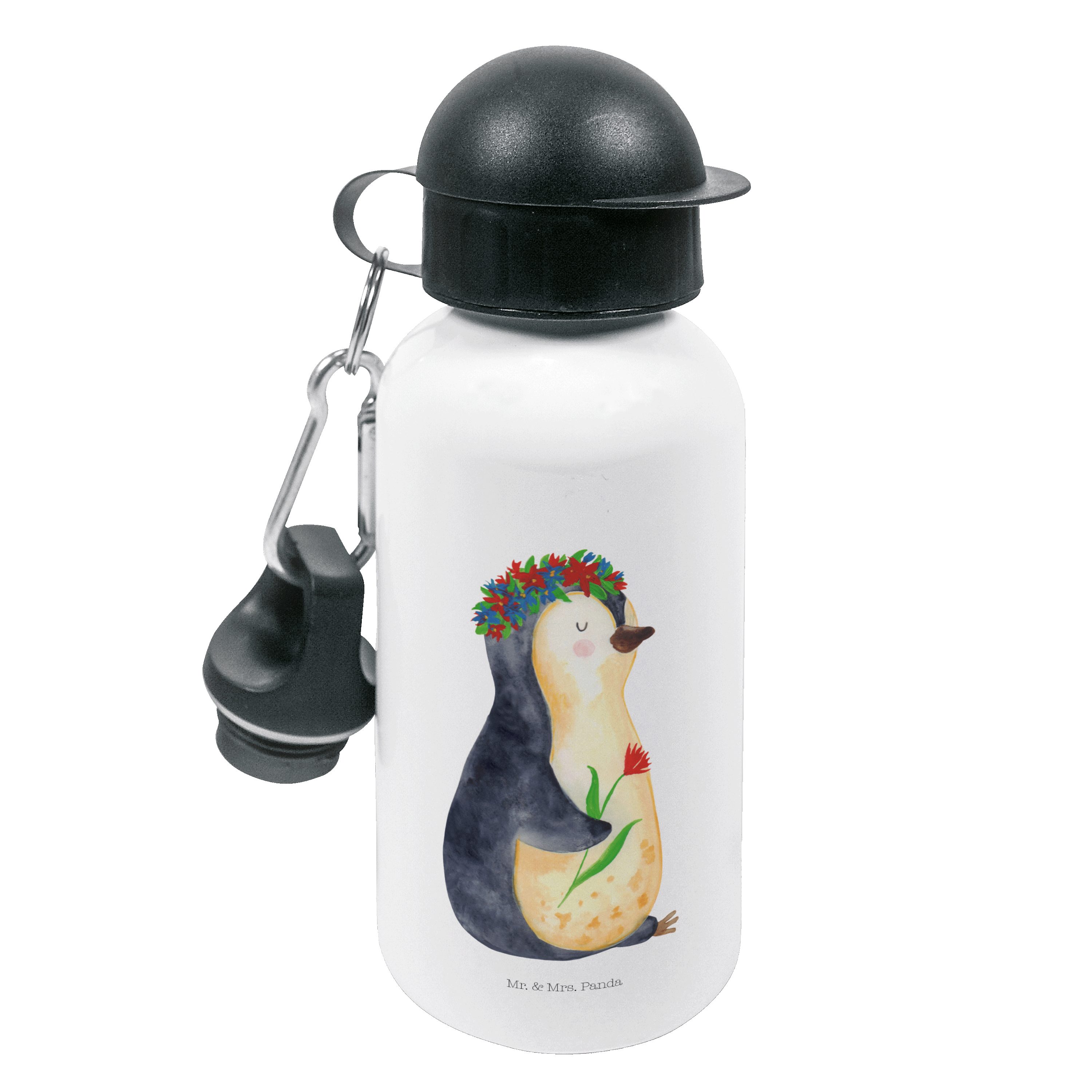 Mr. & Mrs. Panda Trinkflasche Pinguin Blumenkranz - Weiß - Geschenk, Jungs, Universum, Liebeskummer
