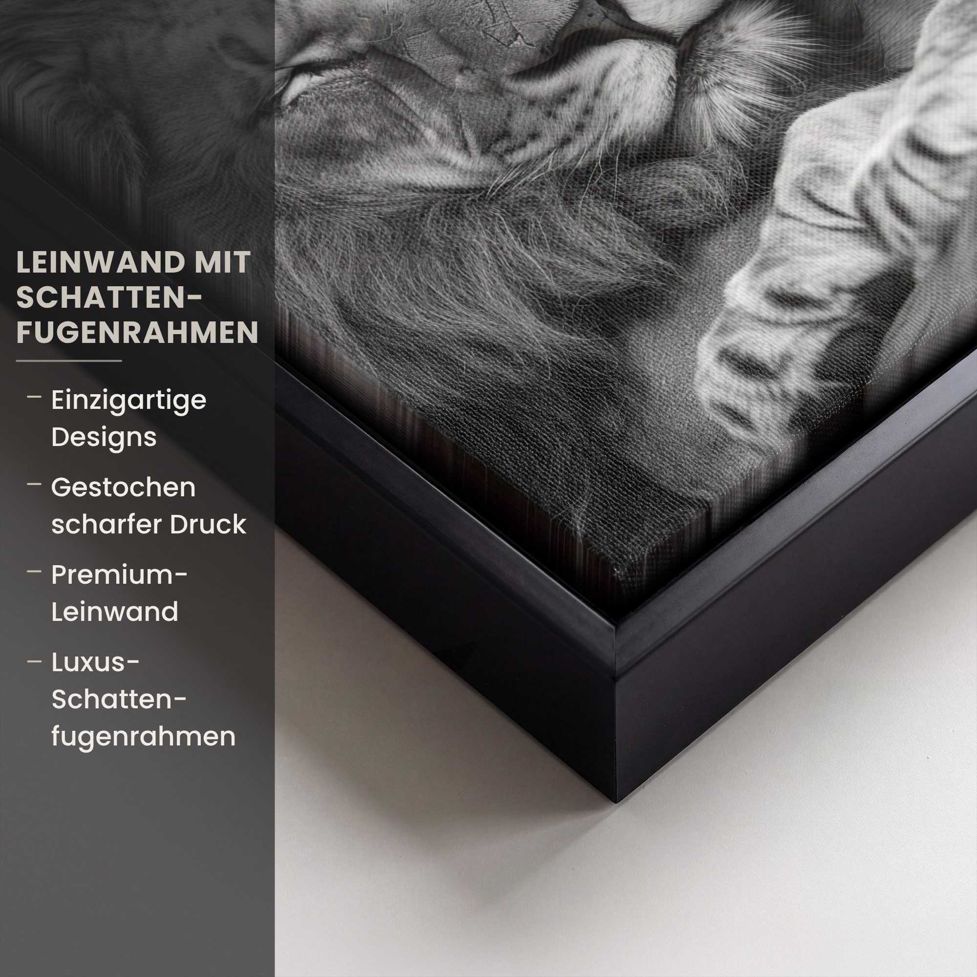 OneMillionCanvasses® Leinwandbild mit Rahmen - Löwen - Tiere - Schwarz - Weiß - Löwe, Fotodruck (1 St), Leinwand Bilder Klein, Wand Dekoration Aesthetic 20x20cm – Bild 3 von 5
