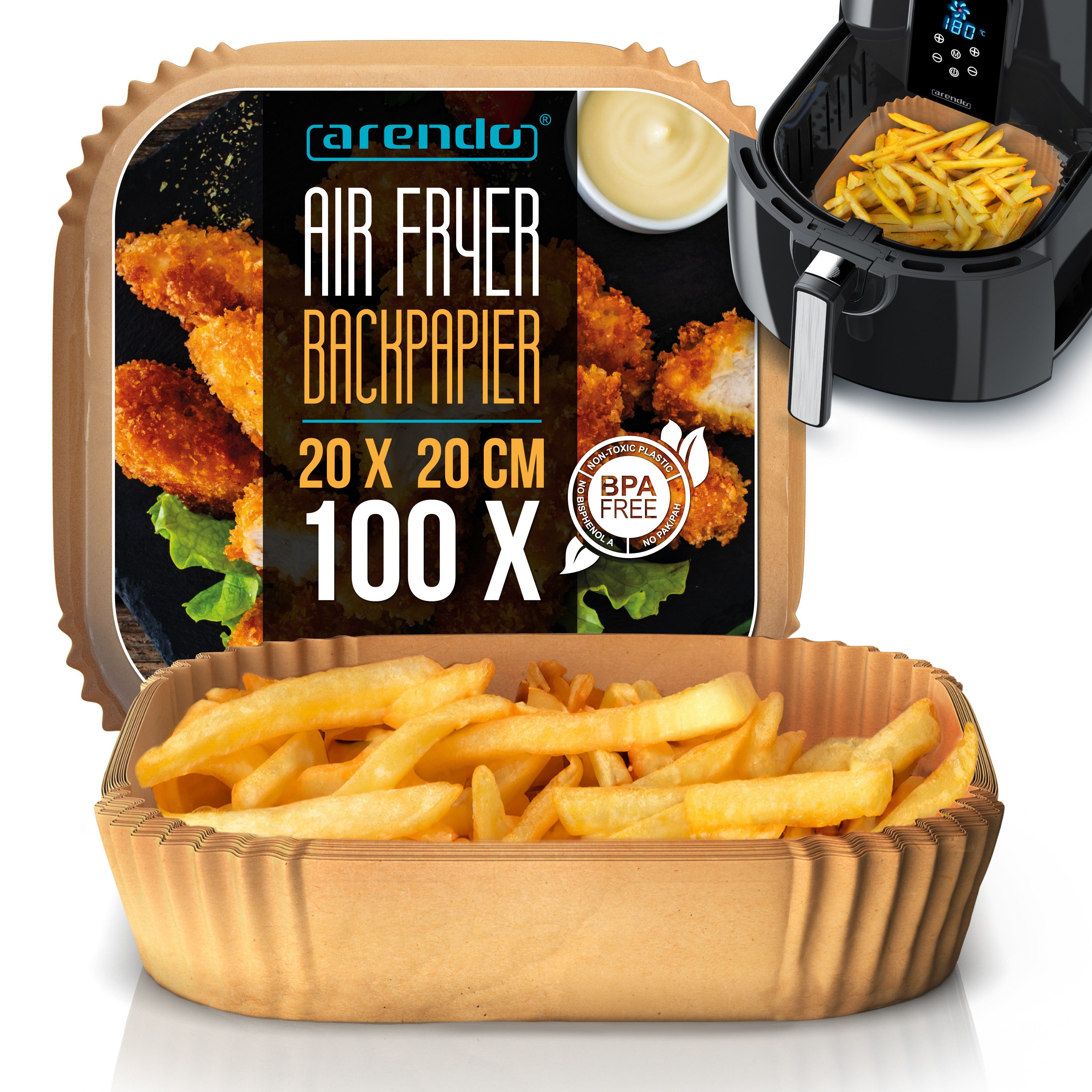 Arendo Backpapier für Heißluftfritteuse 4,5 - 7,5 L, 100 St., 20 x 20 x 4,5 cm, Antihaft, ungebleicht, wasser- und ölbeständig, für Airfryer, Ofen, Mikrowelle