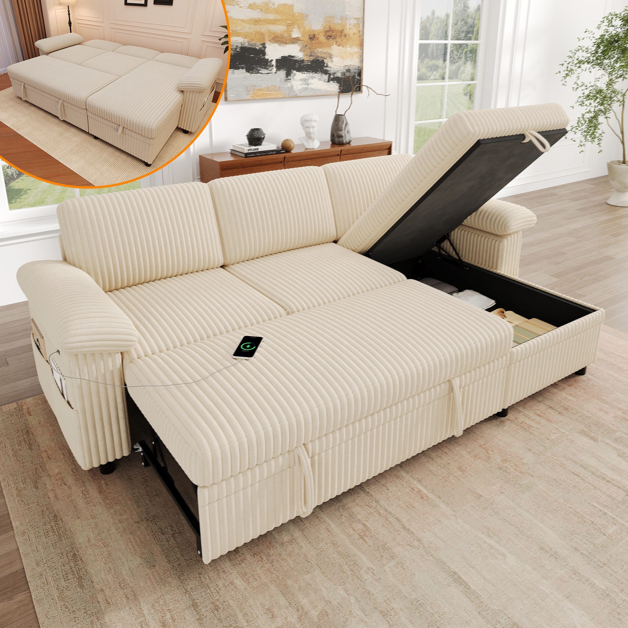 Merax Ecksofa mit Schlaffunktion, ausziehbares Schlafsofa mit Stauraum-Ottomane, links/rechts montierbar Ecksofa Couch 1 Teile, Sofa mit verstellbarer Rückenlehne, USB/Type-C Ladeanschluss,Cordstoff