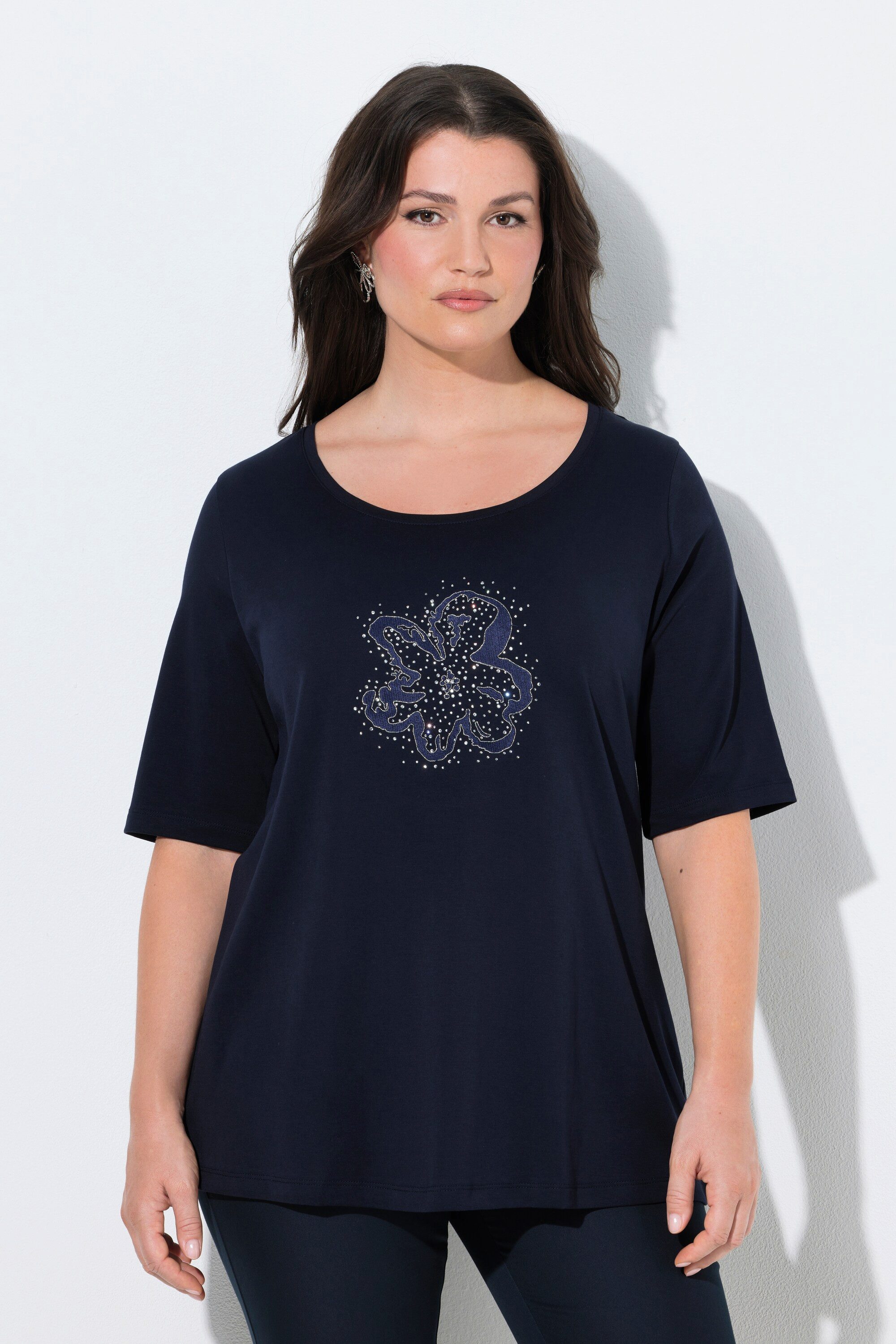 Ulla Popken T-Shirt T-Shirt Glitzer-Stickerei Halbarm Pima Cotton günstig online kaufen