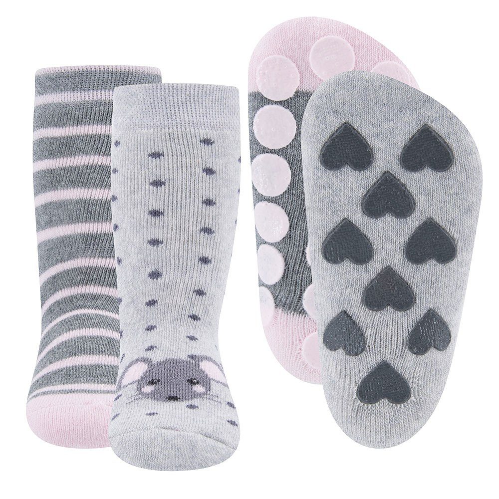 Ewers ABS-Socken Stoppersocken grau-rosa (2-Paar) Maus/Ringel