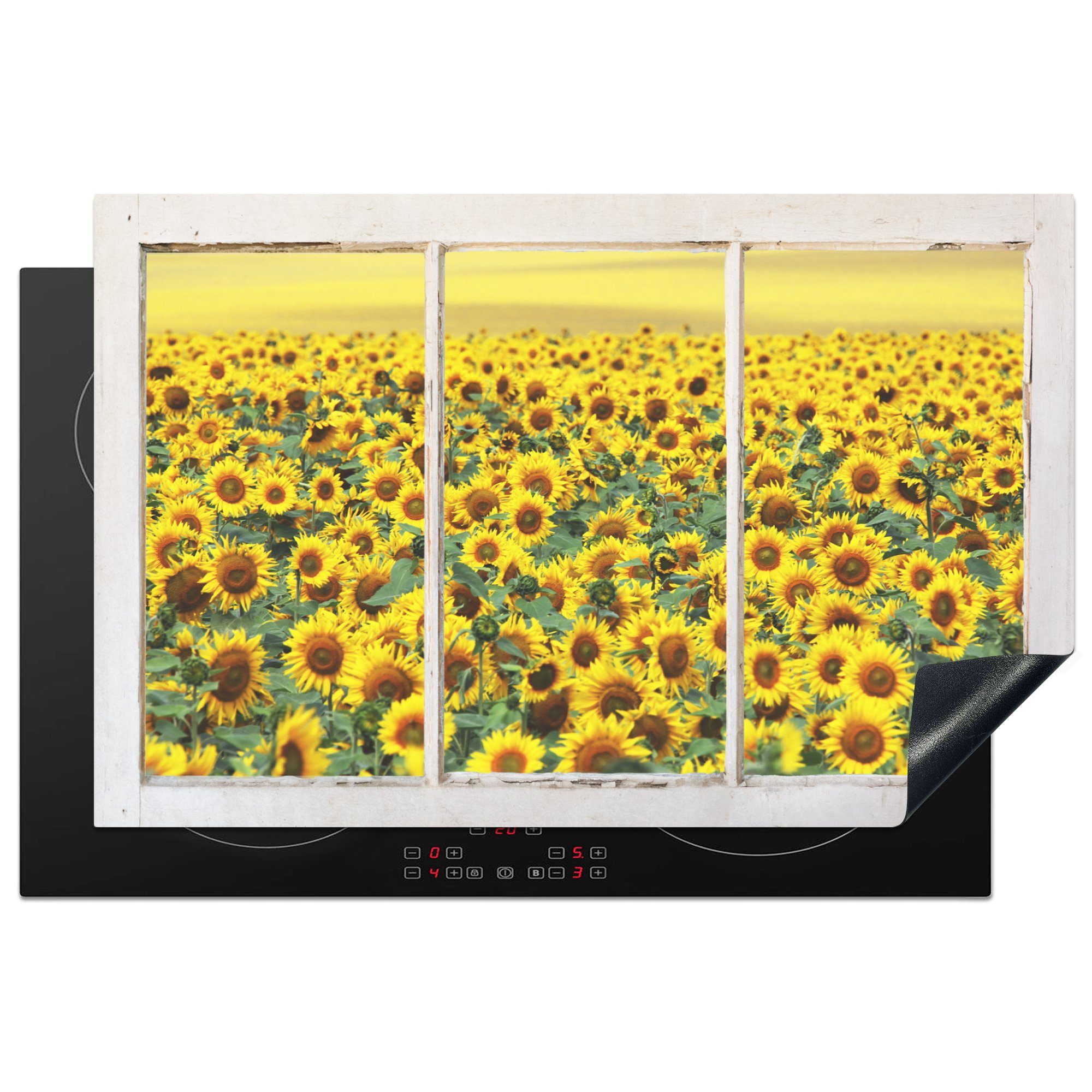 MuchoWow Herdblende-/Abdeckplatte Transparent - Sonnenblume - Gelb, Vinyl, (1 tlg), 81x52 cm, Induktionskochfeld Schutz für die küche, Ceranfeldabdeckung