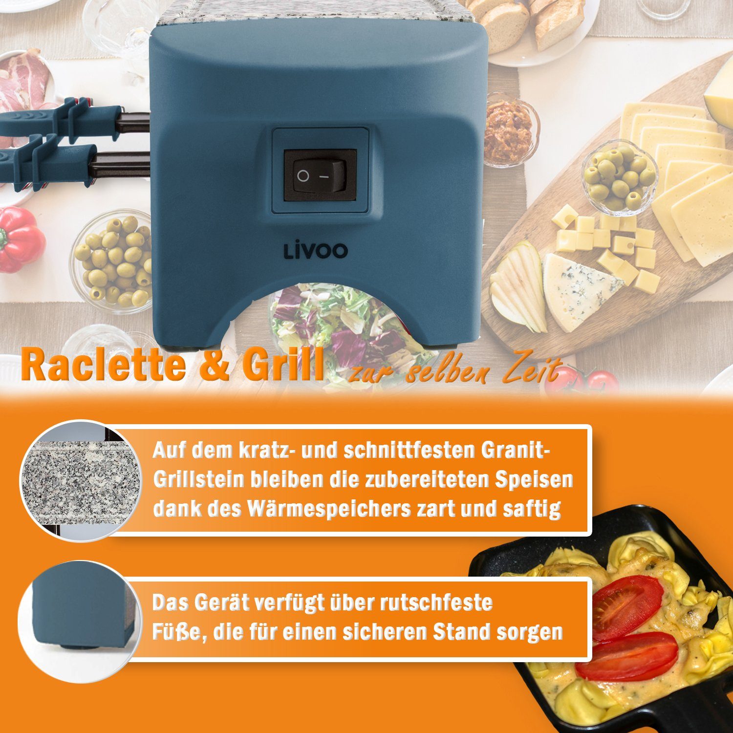 LIVOO Raclette LIVOO W, Granitplatte Raclettegrill Raclette Natursteinplatte, blau, 2 DOC156BS Personen Raclettepfännchen, 2 Antihaftbeschichtung 2 350,00 Raclettepfännchen