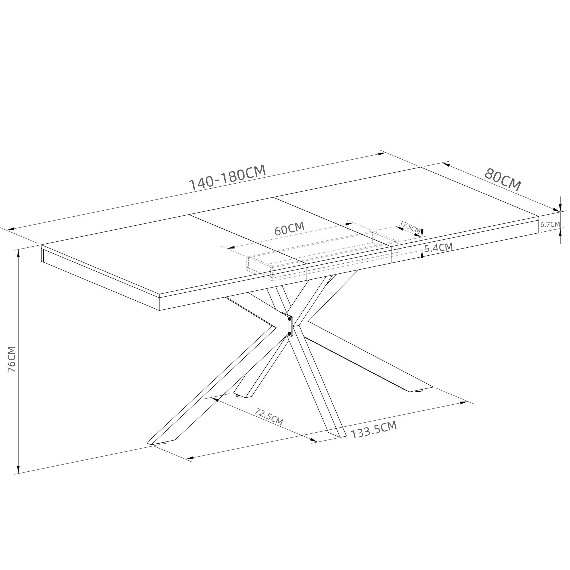 BlingBin Esstisch Ausziehbarer Esstisch 140–180 cm (1-St., Küchentisch versteckte Schublade unter Tischplatte), mit verstecktem Stauraum & X-Metallgestell, für 4–6 Personen