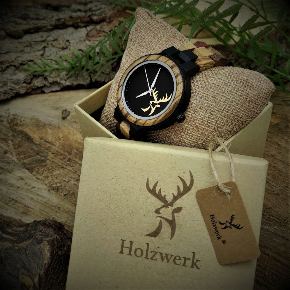 Quarzuhr Holzwerk schwarz, Holz Damen braun AHLEN Uhr, kleine Logo, Kopf Hirsch Armband