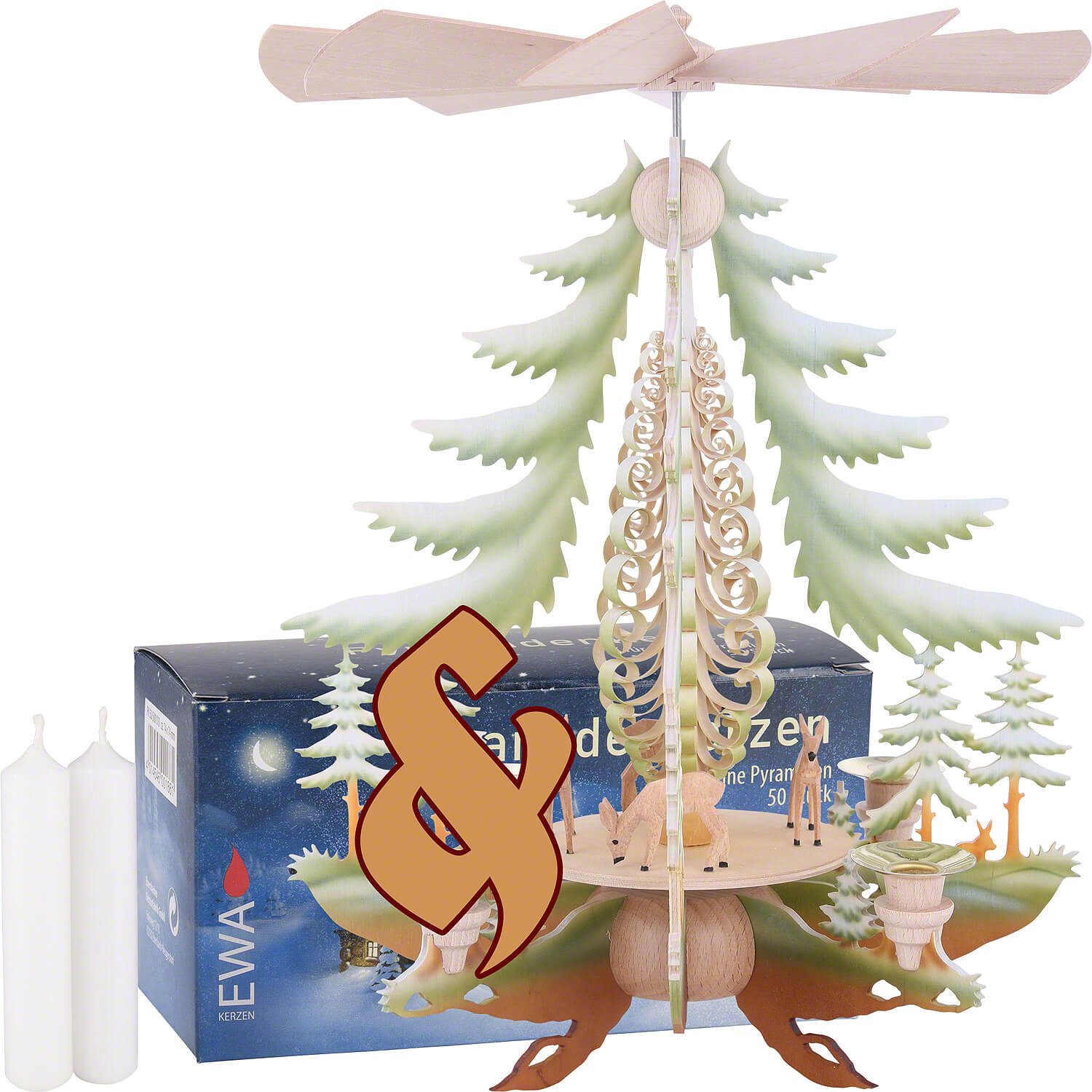Erzgebirge-Palast Weihnachtspyramide Set 1-stöckige Pyramide Rehe und eine Packung weiße Kerzen von Erzgebi