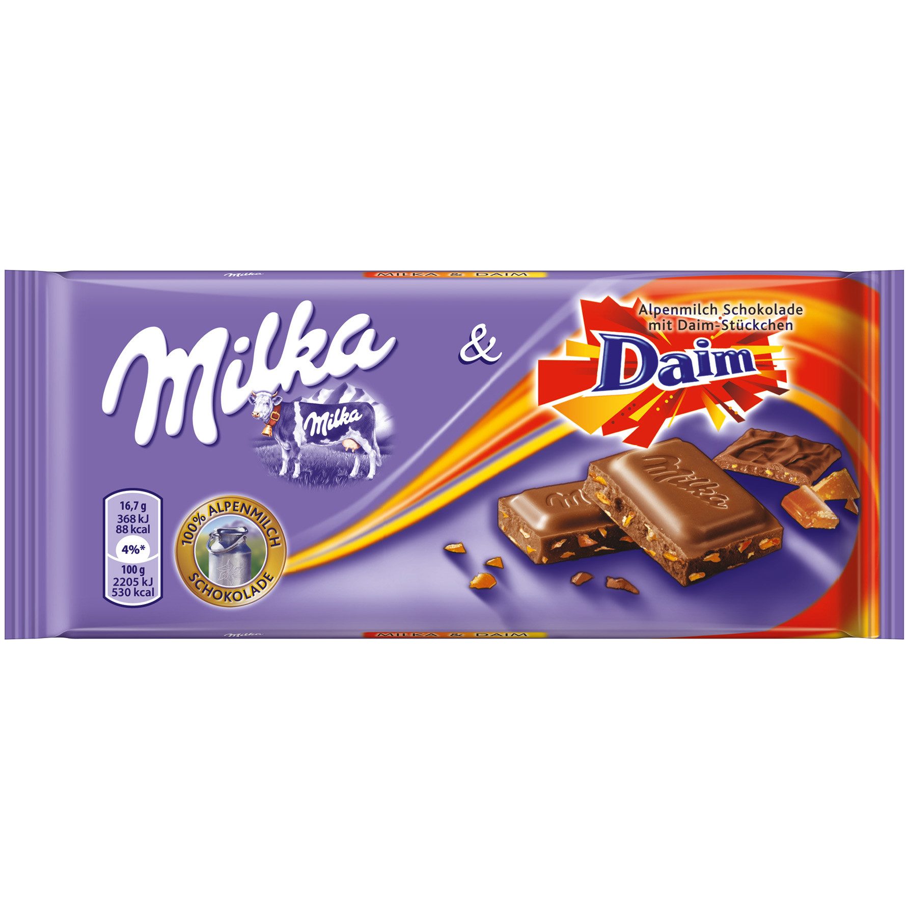 MILKA Schokolade, Milka & Daim Alpenmilch-Schokolade mit Mandel-Karamell-Stückchen 100g