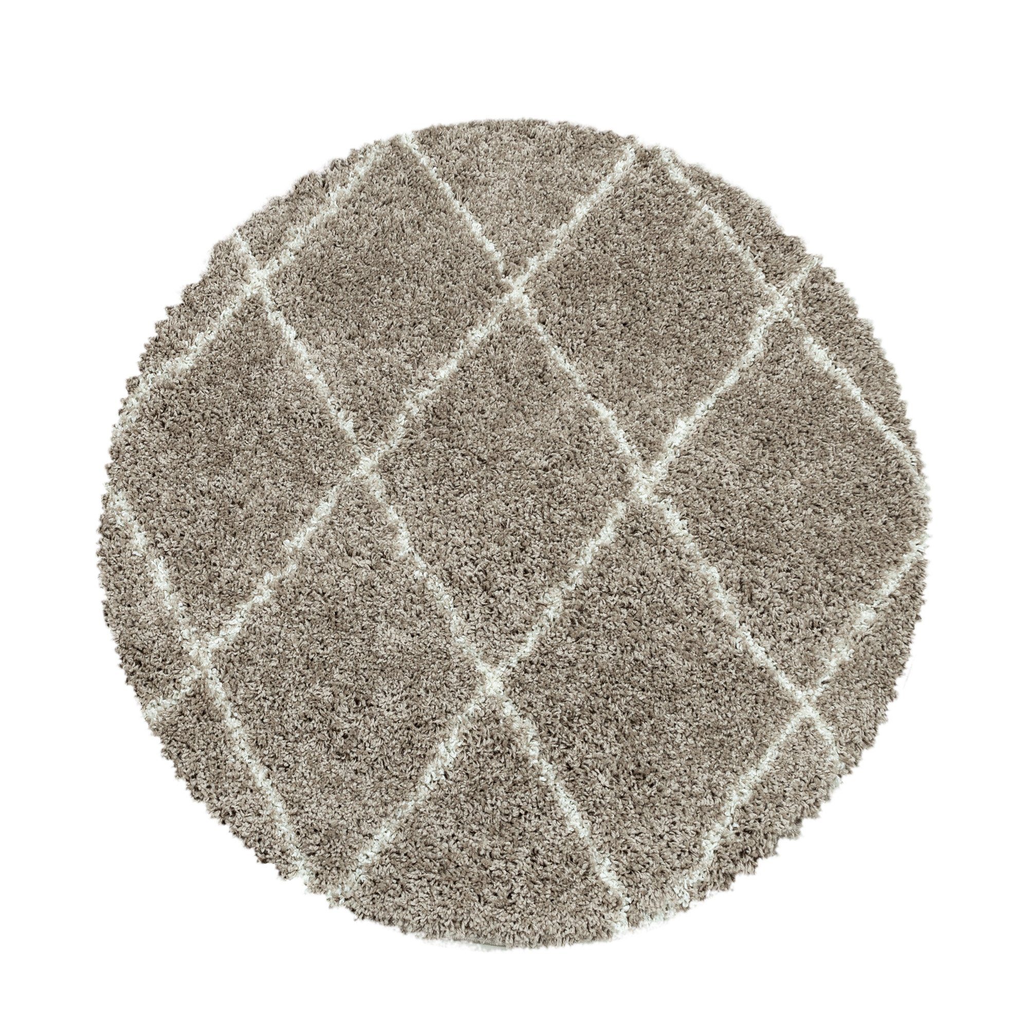 Hochflor-Teppich Rauten Design, Carpetsale24, Rund, Höhe: 30 mm, Teppich Wohnzimmer Geometrisch Design verschiedene farben und größen Beige