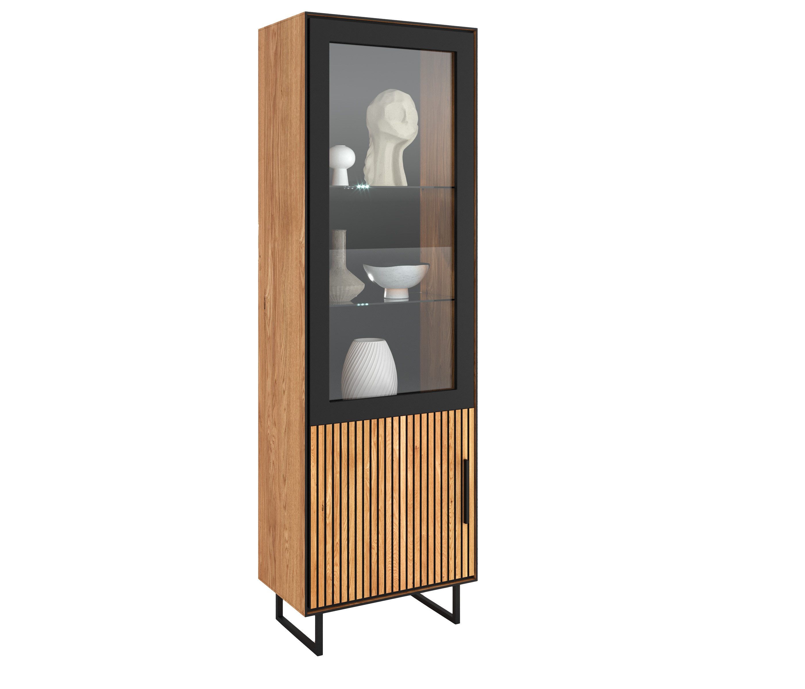 Lebenswert Vitrine Eddie in Eiche / schwarz, Eiche teilmassiv - 54x197x40cm (BxHxT)