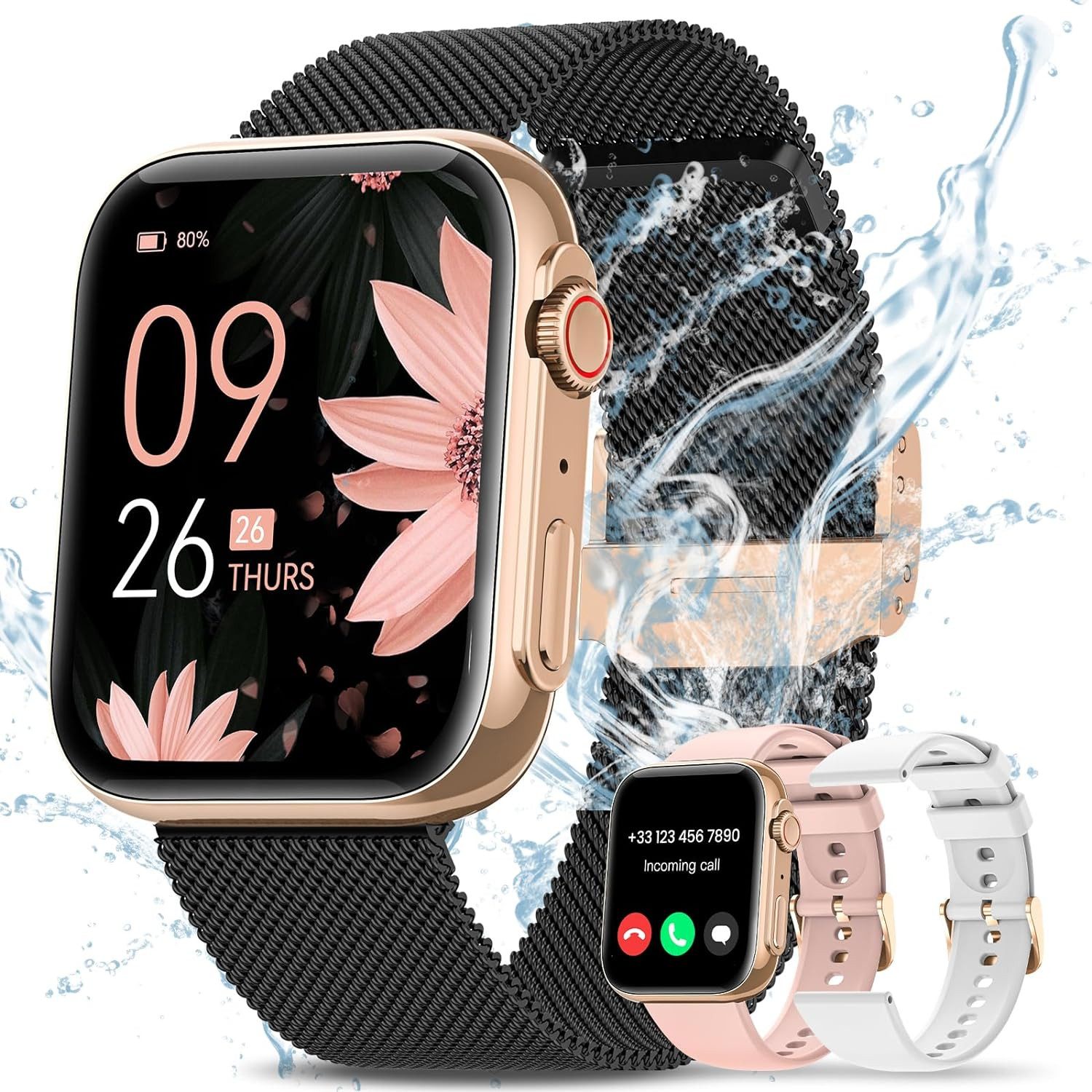 Sanorum Smartwatch Damen mit Telefonfunktion Smartwatch (4.7 cm/1,85 Zoll, Always-On-Display) Armbanduhr mit Periodenverfolgung, 120+ Sport, Herzfrequenz, SpO2 Schlafmonitor, Fitness Tracker IP68 für iOS Android