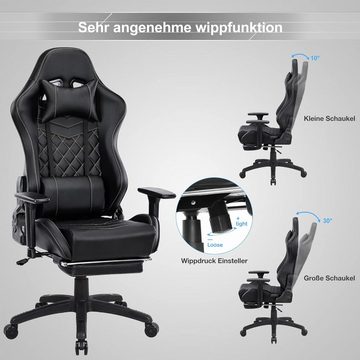 Fangqi Gaming-Stuhl Gaming-Stühle mit Fußstütze, ergonomische Bürostuhl,Massagestuhl (3-fach verstellbare Armlehnen, Rückenlehne 90-155° verstellbar, 360° drehbar), Nackenkissen, Lendenkissen (mit Massagefunktion), USB-Kabel