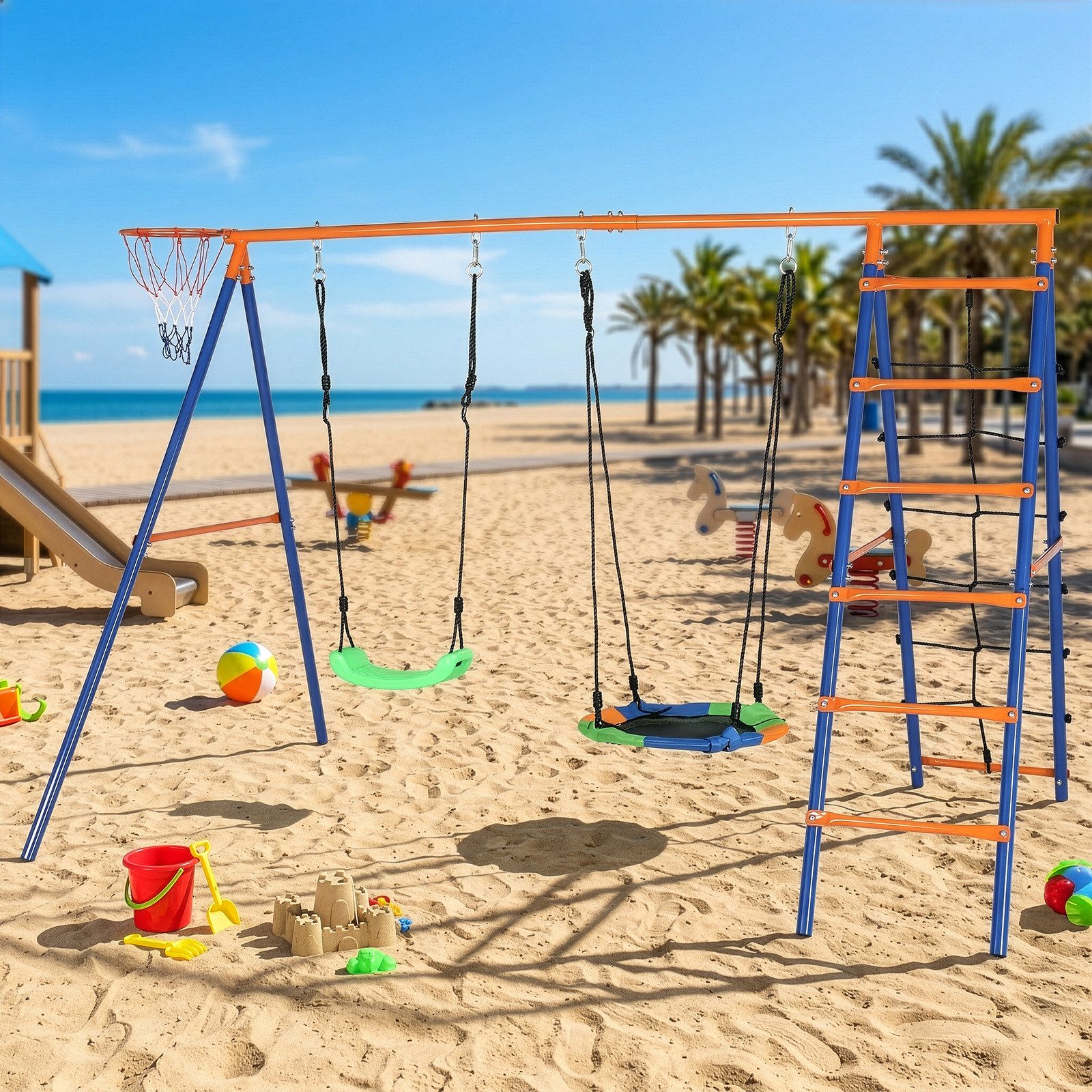 LALAHO Schaukelgestell nmit Nestschaukel,Kinderschaukel,A-Rahme,Schaukelgerüst, 5-in-1 Schaukelset mit Kletterleiter & Basketballkorb für Garten