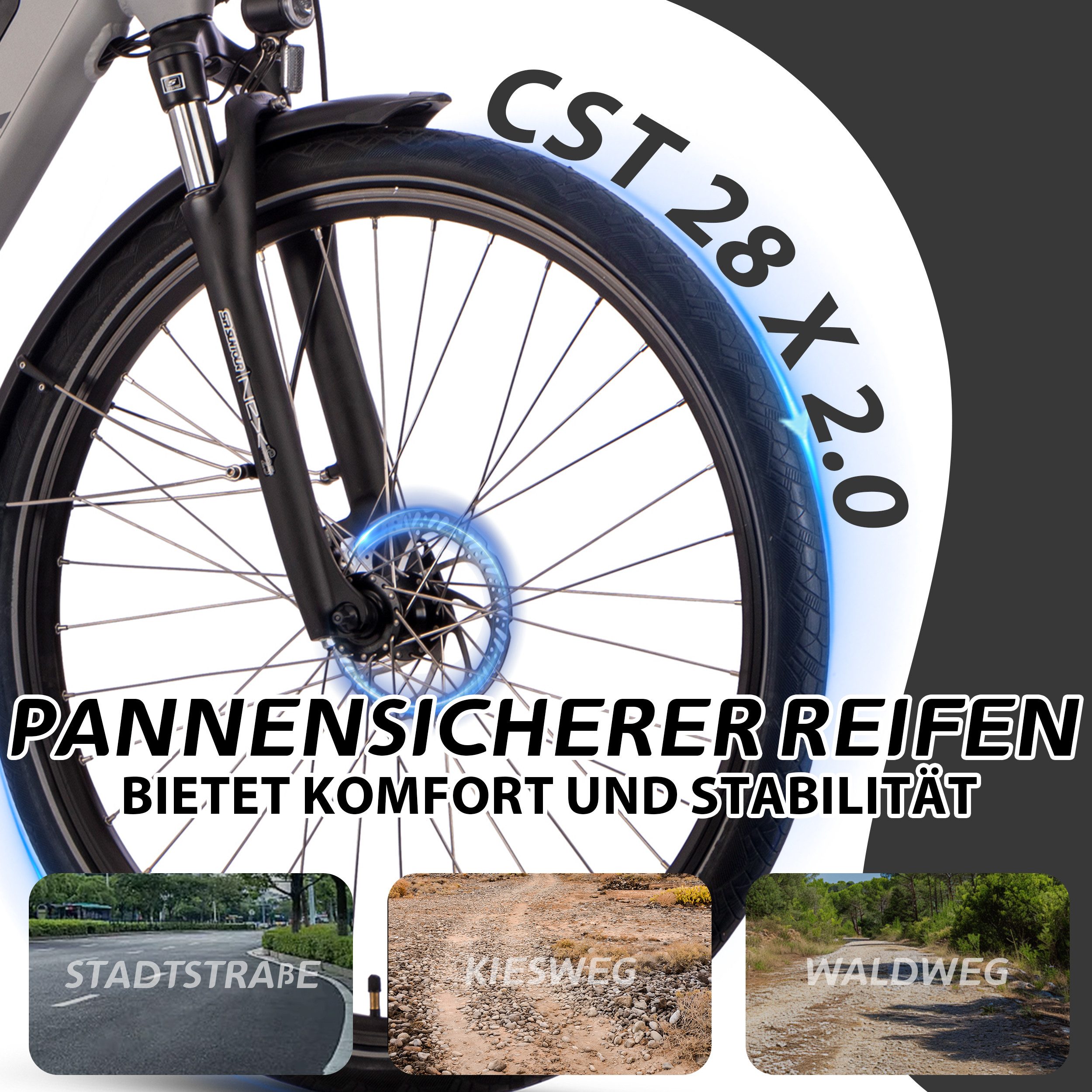 SAXXX E-Bike Trekkingrad 28 Zoll Elektrofahrrad für Alltag und Touren, 10 Gang SHIMANO Deore Schaltwerk, Kettenschaltung, Mittelmotor, 522 Wh, (mit abnehmbarem Akku mit Schloss vormontiert zu 95), Komfortabel fahren mit starkem Akku und LED-Licht