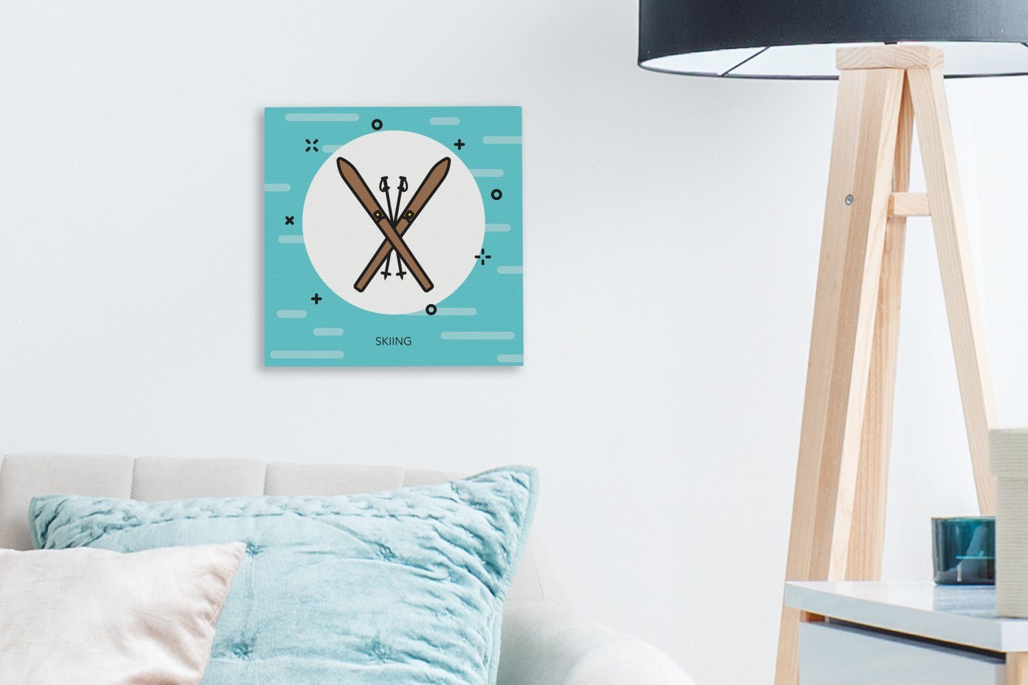 Illustration, St), Wohnzimmer für in Skier OneMillionCanvasses® Leinwand Leinwandbild und einer Symbol Schlafzimmer (1 als Skistöcke Bilder