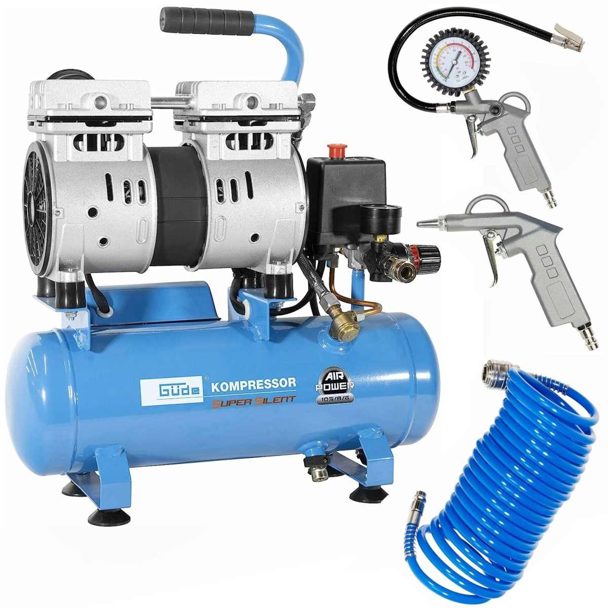 Güde Kompressor Kompressor Airpower 105/8/6 SILENT 550W mit 6l < 59 dB + 3 Tlg. Set