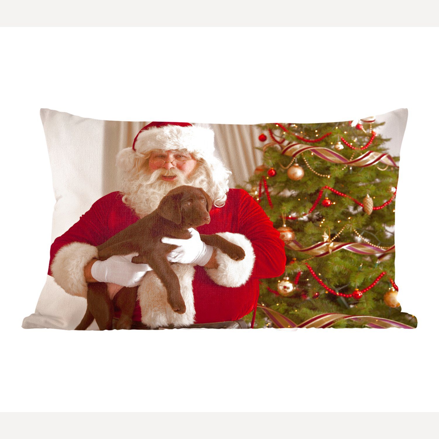 MuchoWow Dekokissen Der Weihnachtsmann mit Zierkissen, einem in Händen, Schlafzimmer Füllung, Wohzimmer Dekokissen braunen den Dekoration, Hund mit