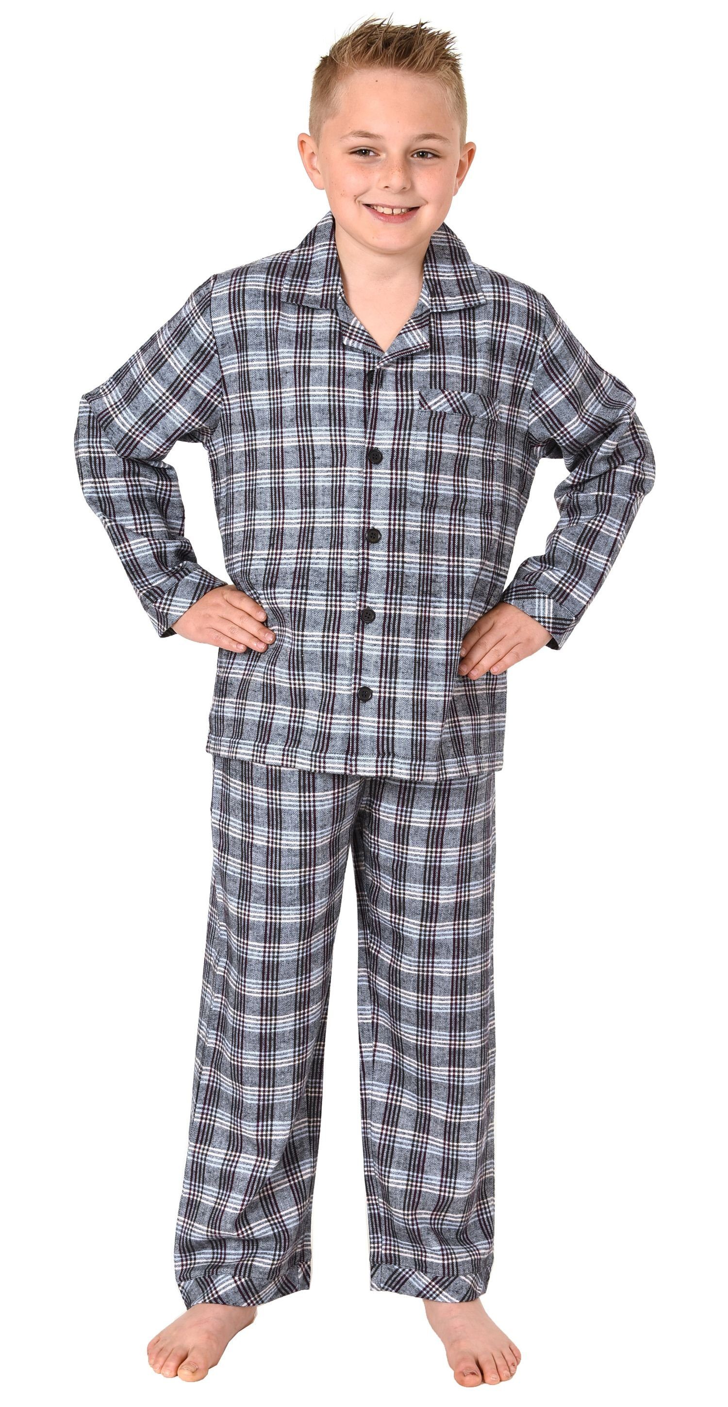 Normann Pyjama Jungen langarm Flanell Schlafanzug in Karo Optik zum durchknöpfen