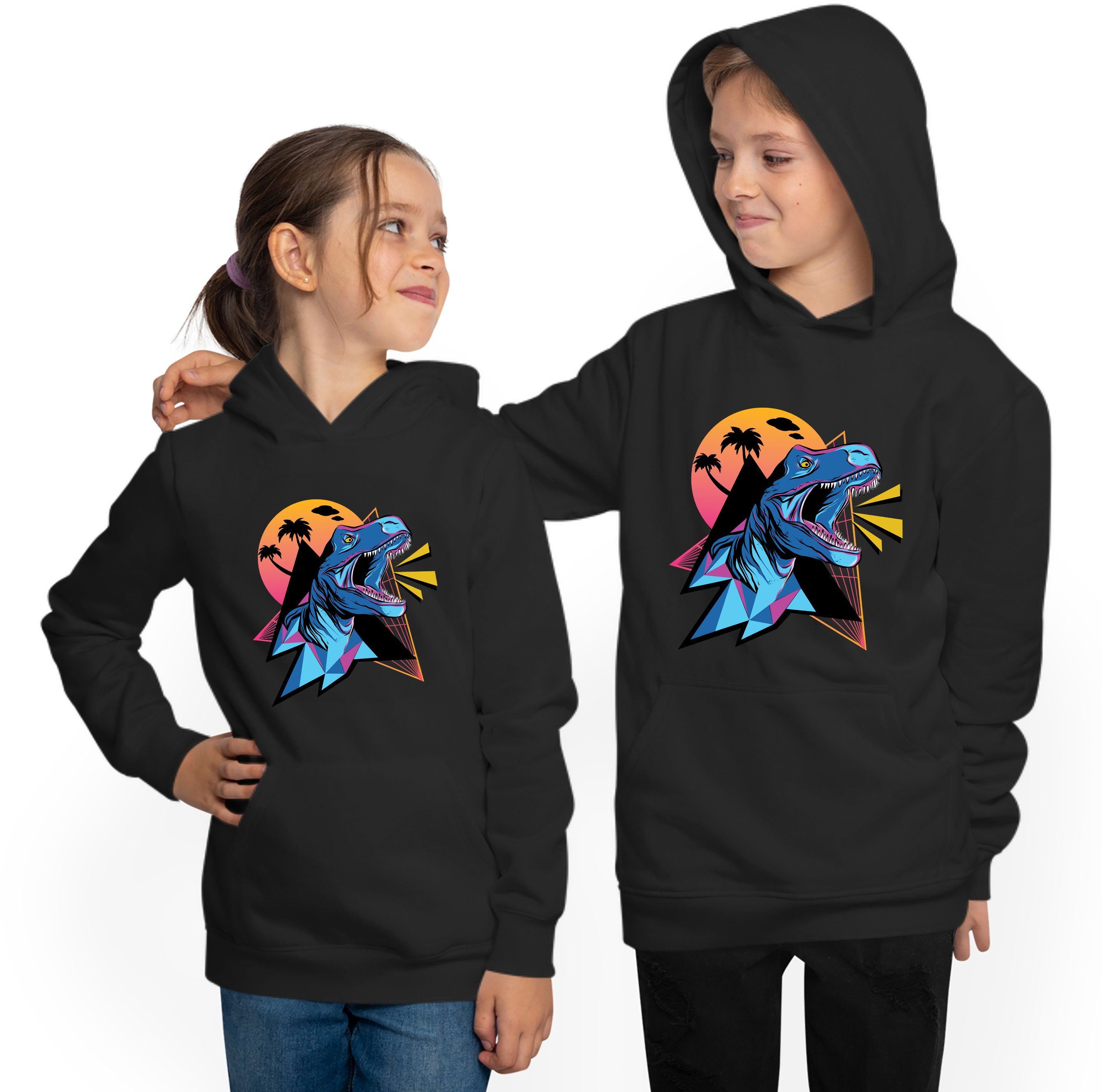 i98 MyDesign24 - Aufdruck, Kapuzensweater Hoodie mit Sweatshirt Neon T-Rex Kapuzen Kinder