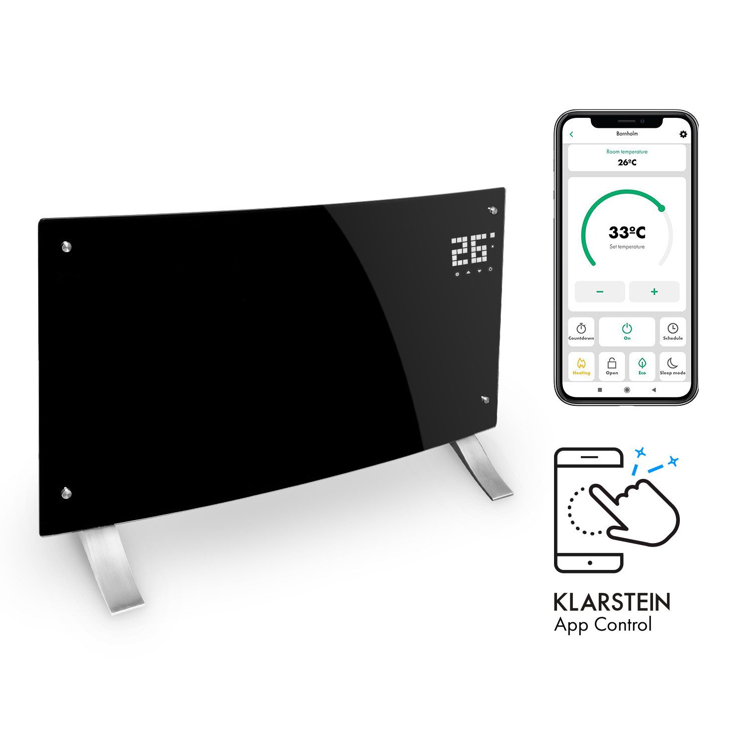 Klarstein Heizstrahler Bornholm Curved Smart, 2000 W, Konvektorheizung elektrisch Elektrokoheizung energiesparend Heizkörper