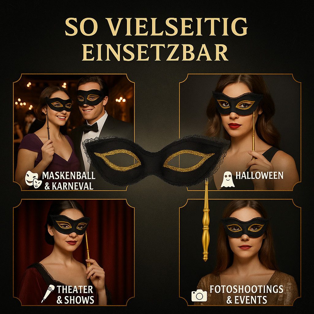 Widmann S.r.l. Verkleidungsmaske Domino Maske schwarz-gold mit Stab Kostümaccessoire, Elegant, geheimnisvoll, glamourös
