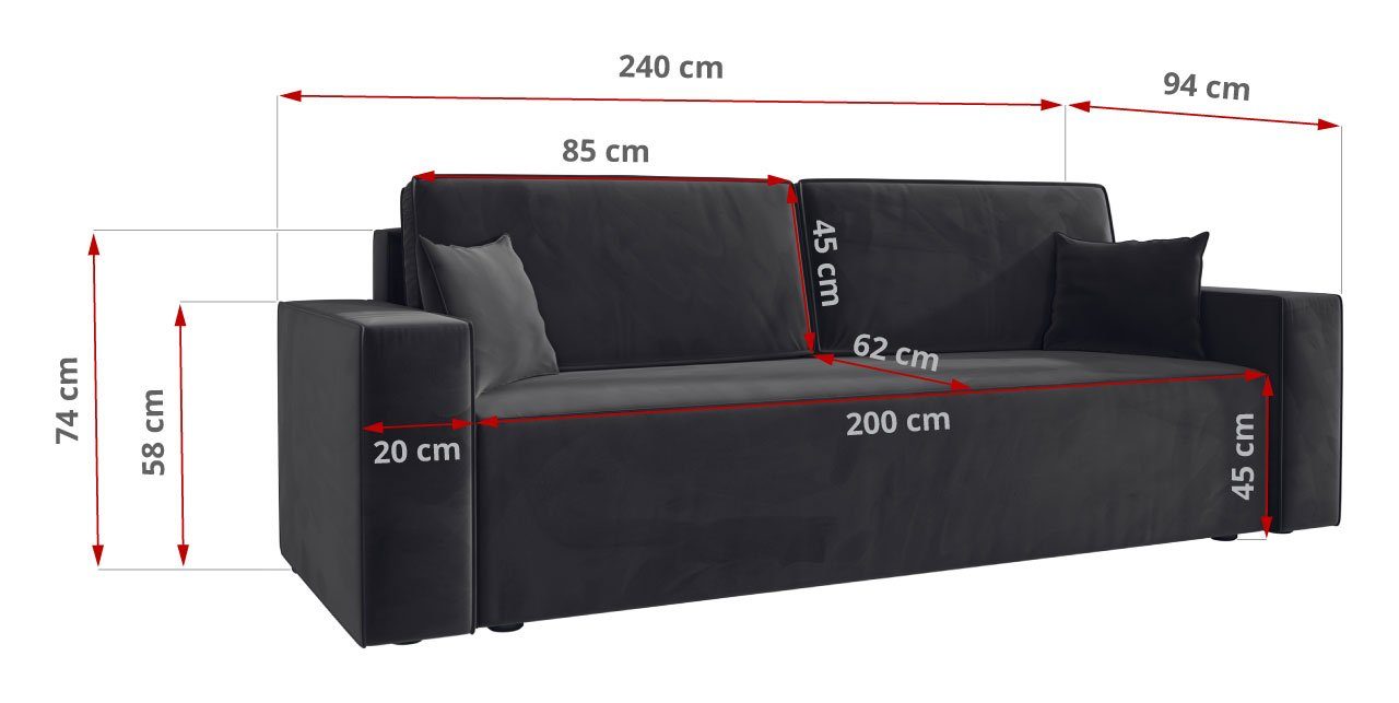 MKS MÖBEL und Schlaffunktion Grau KLARA, mit Monolith Sofa Bettkasten