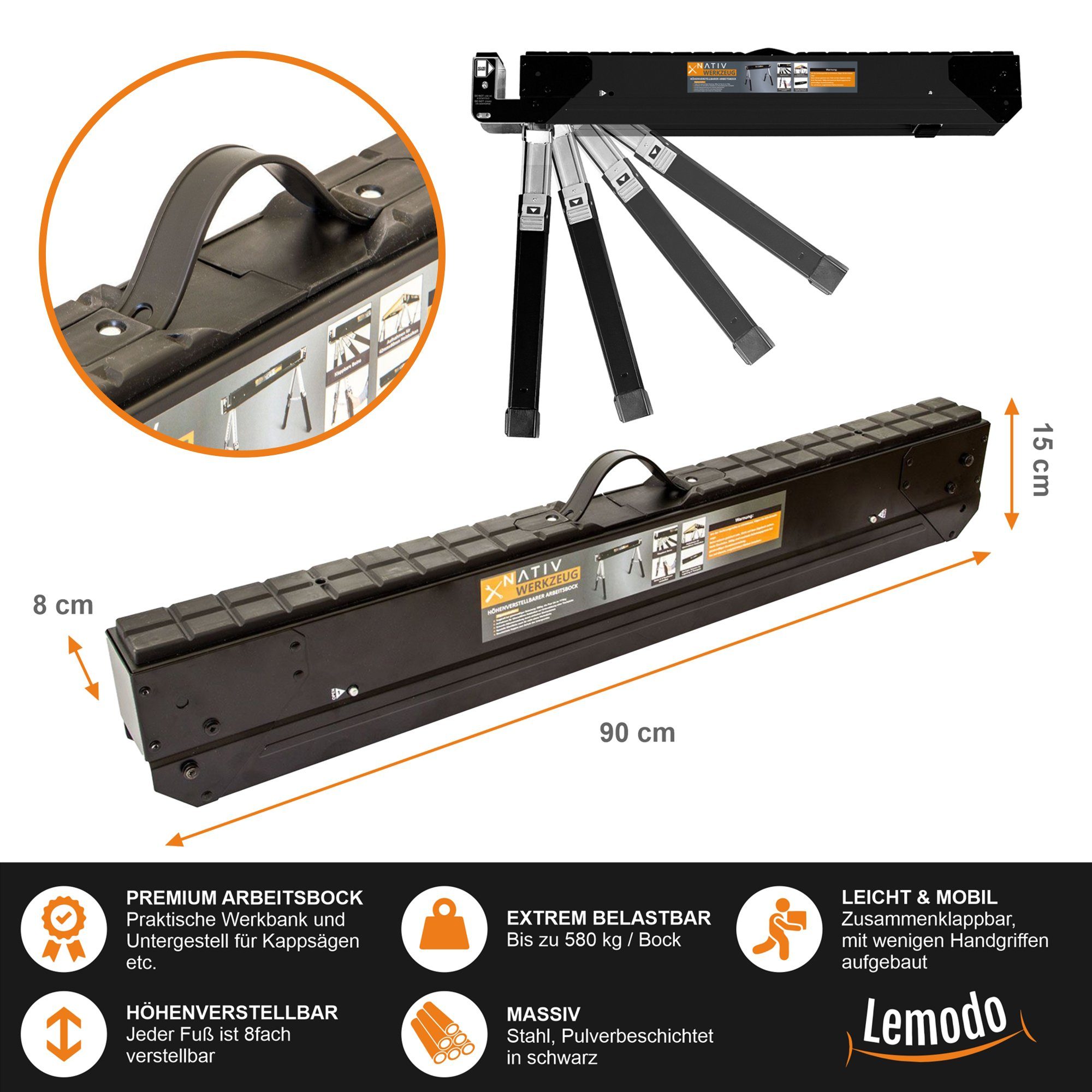 Lemodo Unterstellbock Premium Arbeitsbock, höhenverstellbar klappbar, Füße höhenverstellbar (1-St), und einzeln