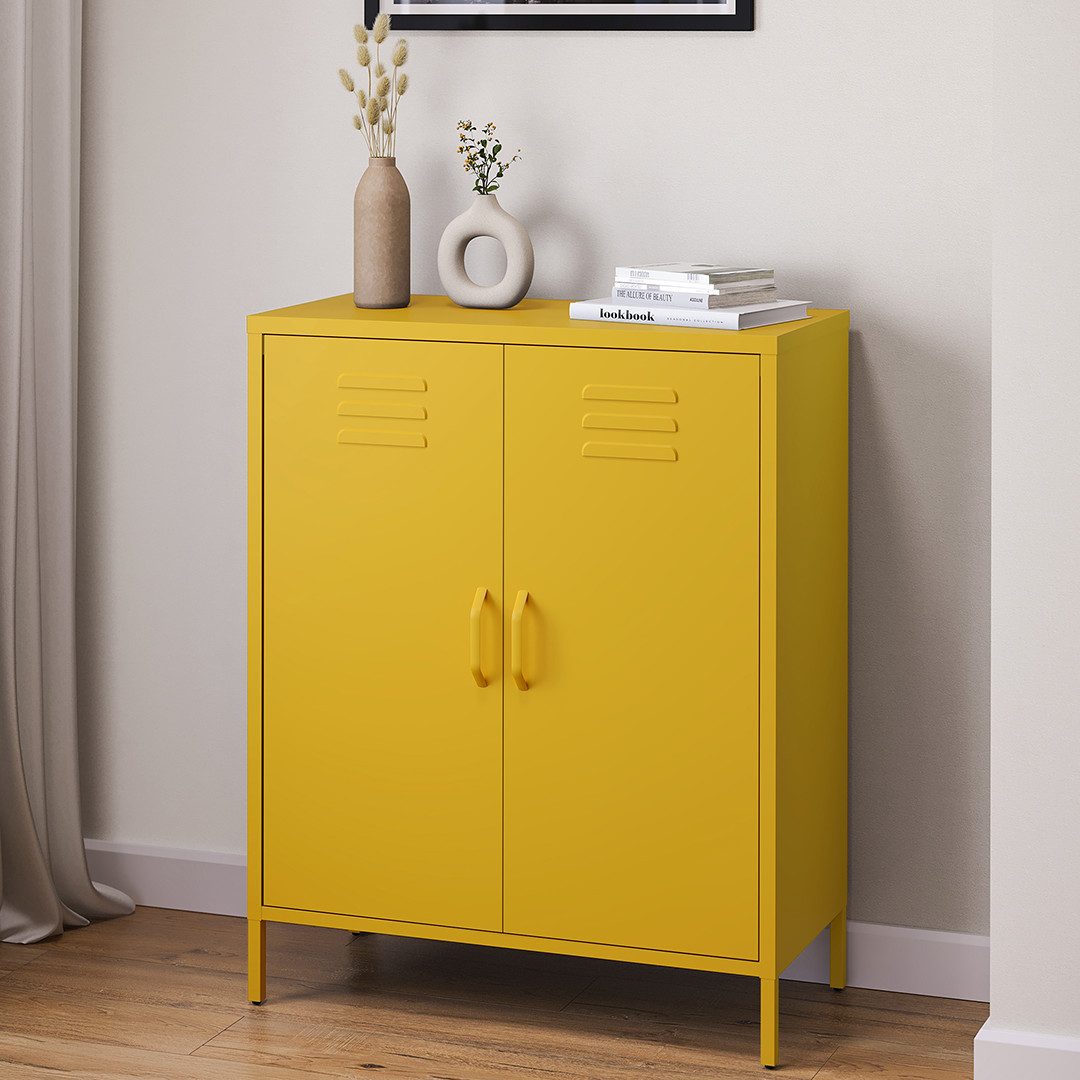 skølm Kommode Atria aus Metall, Highboard mit höhenverstellbaren Böden (Senfgelb, 3 Fächer), auch verfügbar mit Schubladen