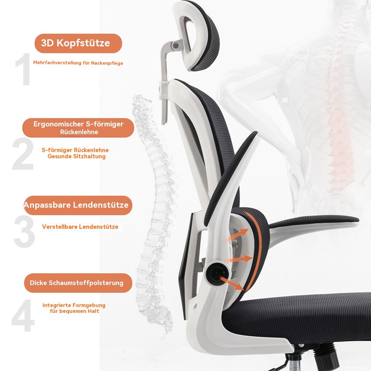 HDHNBA Schreibtischstuhl ergonomisch mit verstellbarer Kopfstütze & klappbaren Armlehnen (1 St), Bürostuhl mit hoher Rückenlehne, Drehstuhl für Home-Office – Bild 4 von 5