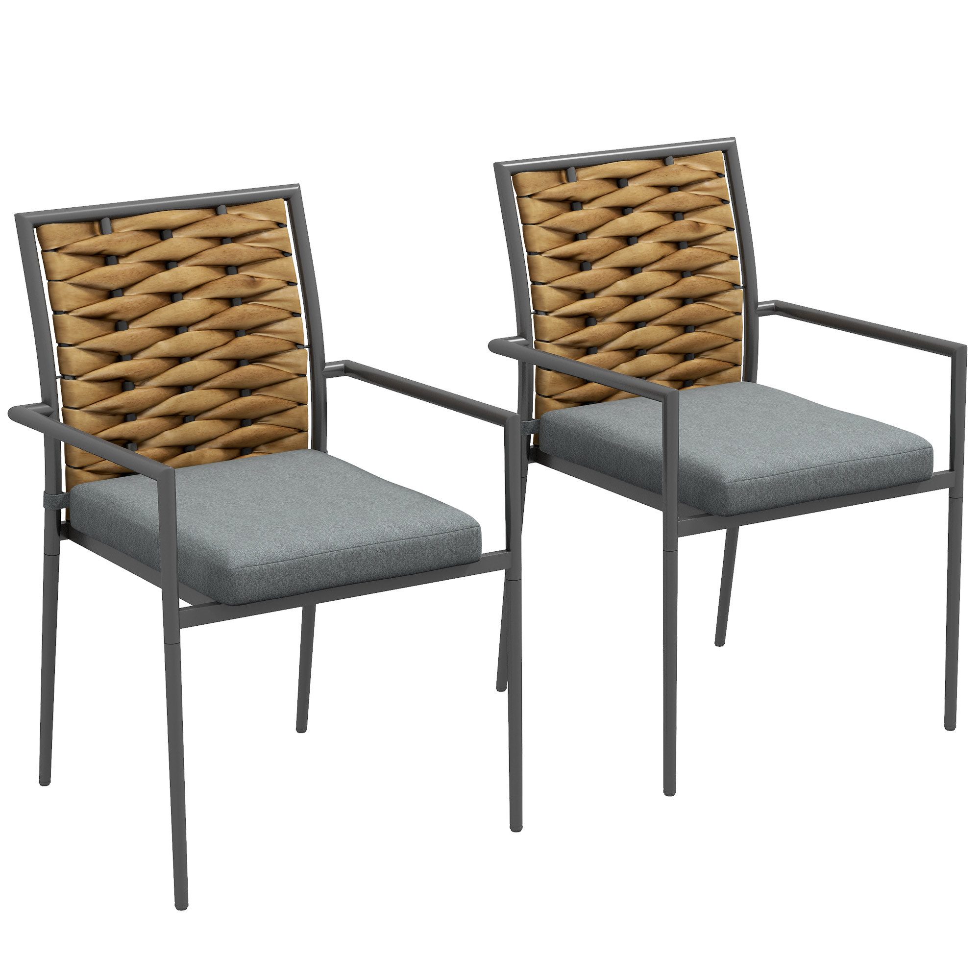 Outsunny Sitzgruppe 2er-Set Rattan Gartenstuhl Stapelbarer Gartensessel mit Kissen, (Gartenstuhl, 2-tlg., Balkonstuhl), Für Terrasse, Stahl, 57 x 58 x 87 cm, Grau