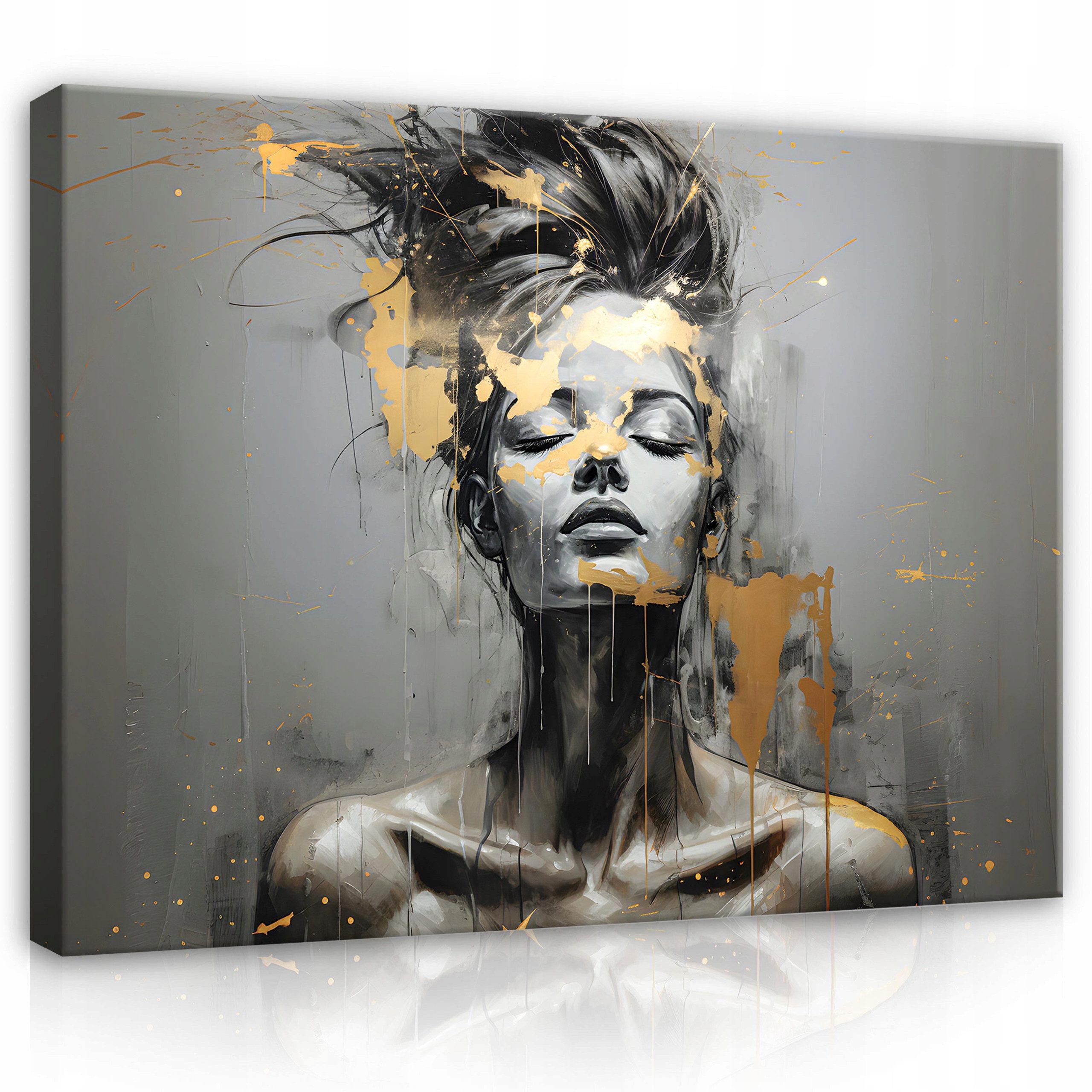 Wallarena Leinwandbild Frau mit geschlossenen Augen in Gold und Grau für Wohnzimmer, Frau (1 St), auf Holzrahmen gespannt mit Aufhängevorrichtung 100x75cm