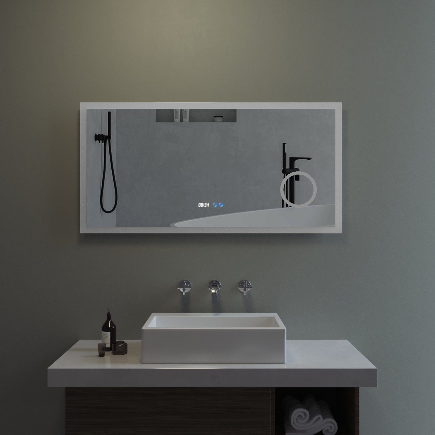 AQUABATOS Badspiegel Spiegel Badezimmer mit Beleuchtung Uhr LED Wandspiegel günstig online kaufen