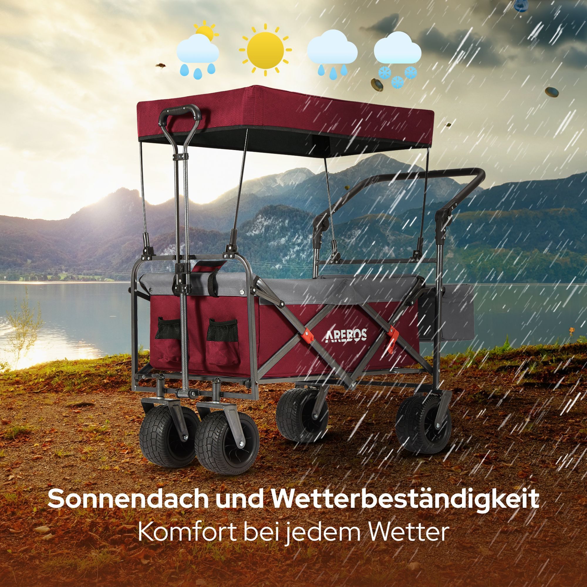 Arebos Bollerwagen faltbar mit Dach Handwagen 100 kg, wasser- & schmutzresistent (Rot/Grau), wasser- & schmutzresistent – Bild 5 von 5