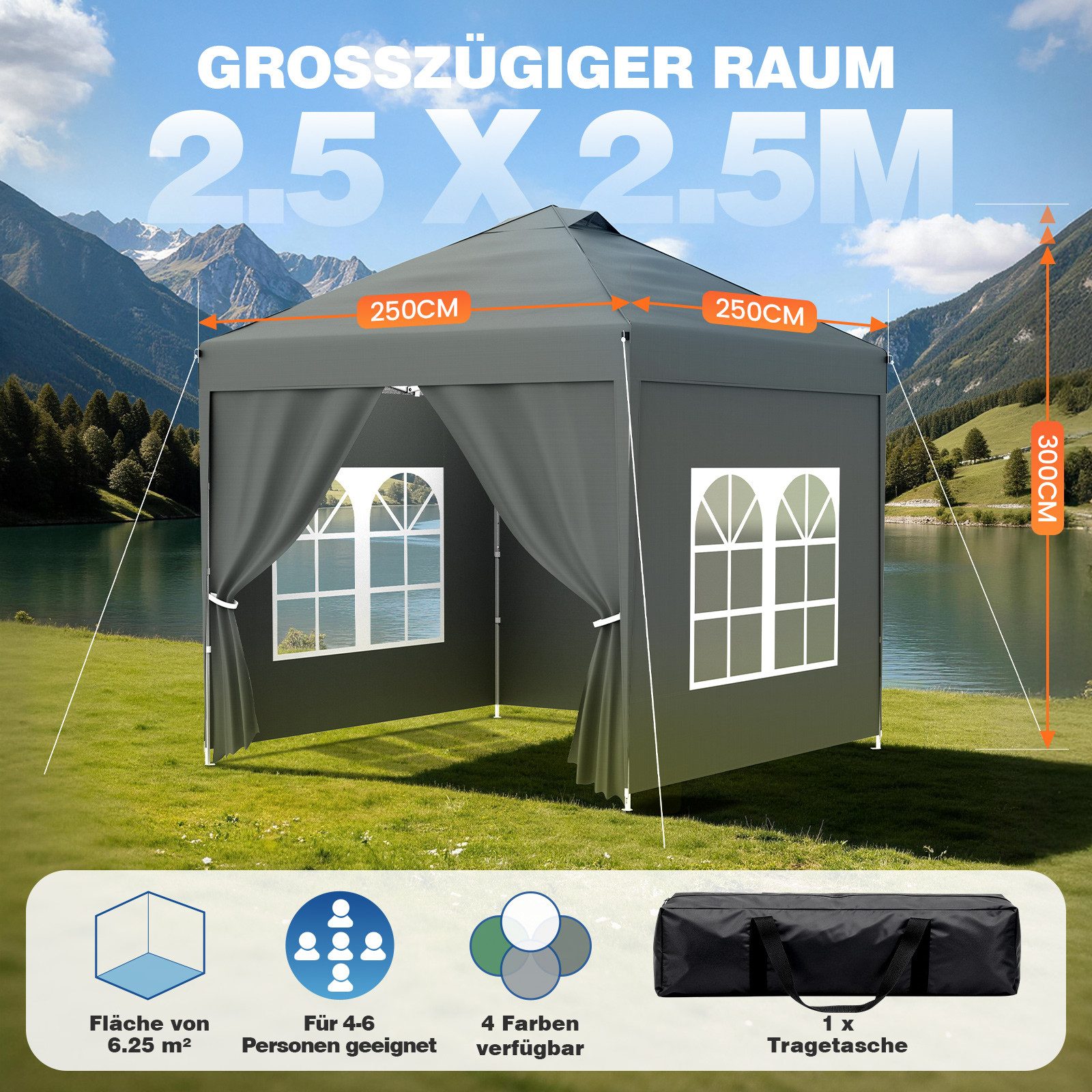Huracan Faltpavillon Gartenpavillon 2,5x2,5m / 3x3m mit 4 abnehmbaren Seitenwänden, mit 4 Seitenteilen, PU1500mm wasserdicht, 3-fach höhenverstellbar Pop Up Pavillon