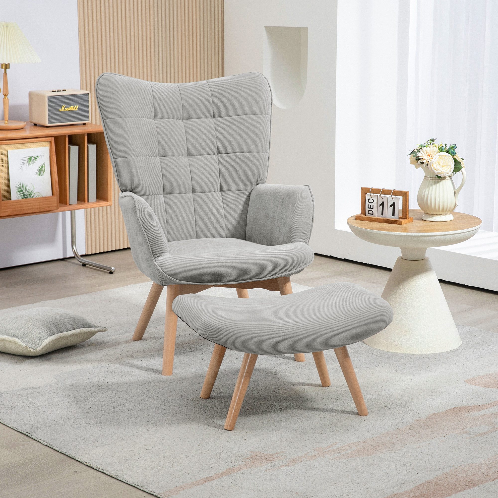 OKWISH Loungesessel Relaxsessel Freizeitstuhl Ohrensessel (Ohrensessel mit Hocker in Cord-Optik – Relaxsessel mit Holzbeinen & Ottomane, gemütlich gepolstert für Wohnzimmer & Leseecke., Sessel: 72L x 80B x 101H cm. Ottomane: 65L x 43B x 38H cm), mit Relaxfunktion