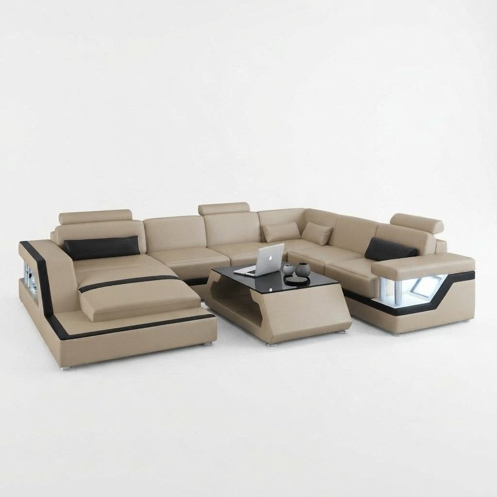 Xlmoebel Wohnlandschaft U-förmiges Ledersofa mit Regal und Stauraum, U-förmiges Ecksofa, Hergestellt in Europa