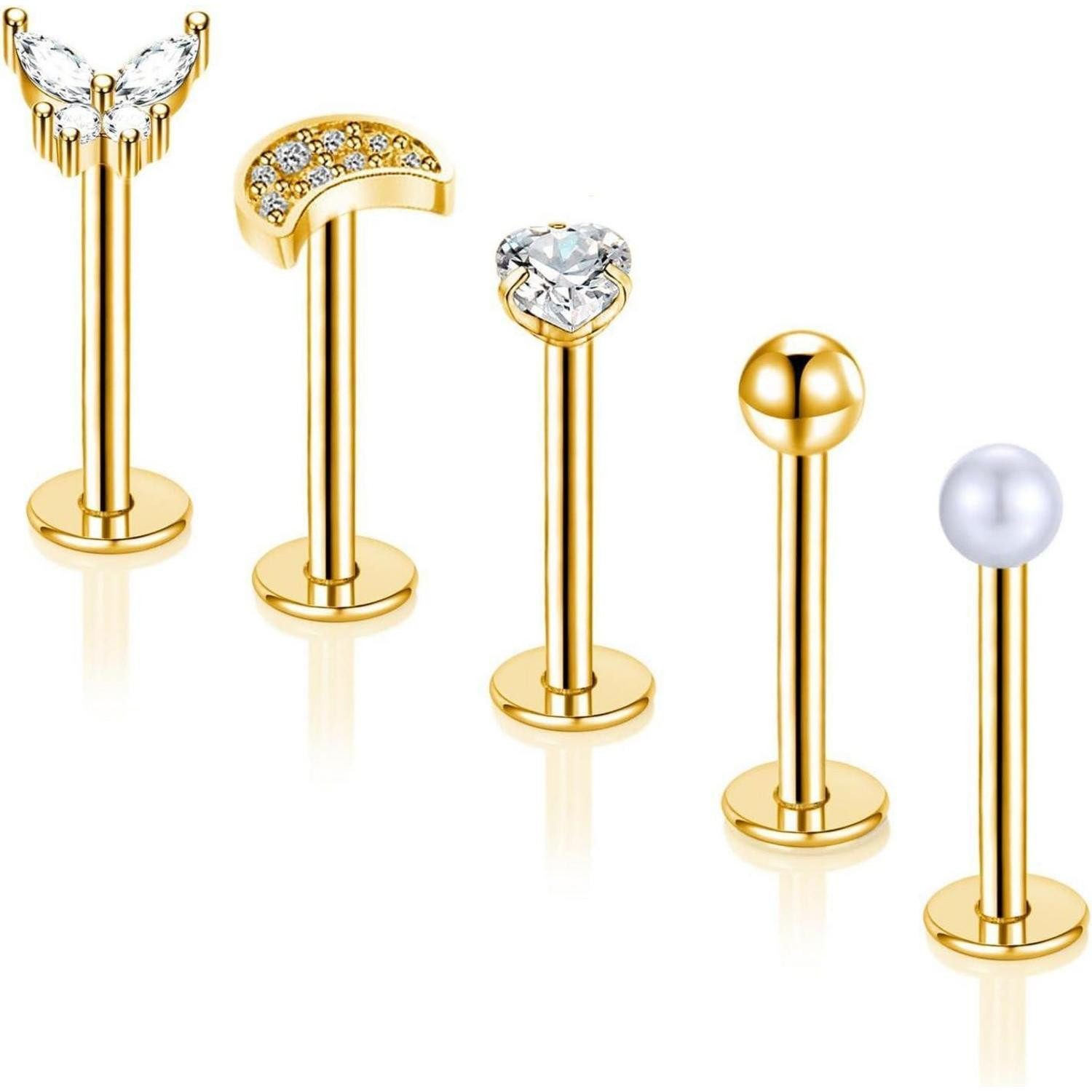 Piercing-Set 5stk Lippenpiercing Labret Stecker 16G Chirurgenstahl 10mm Silber Gold