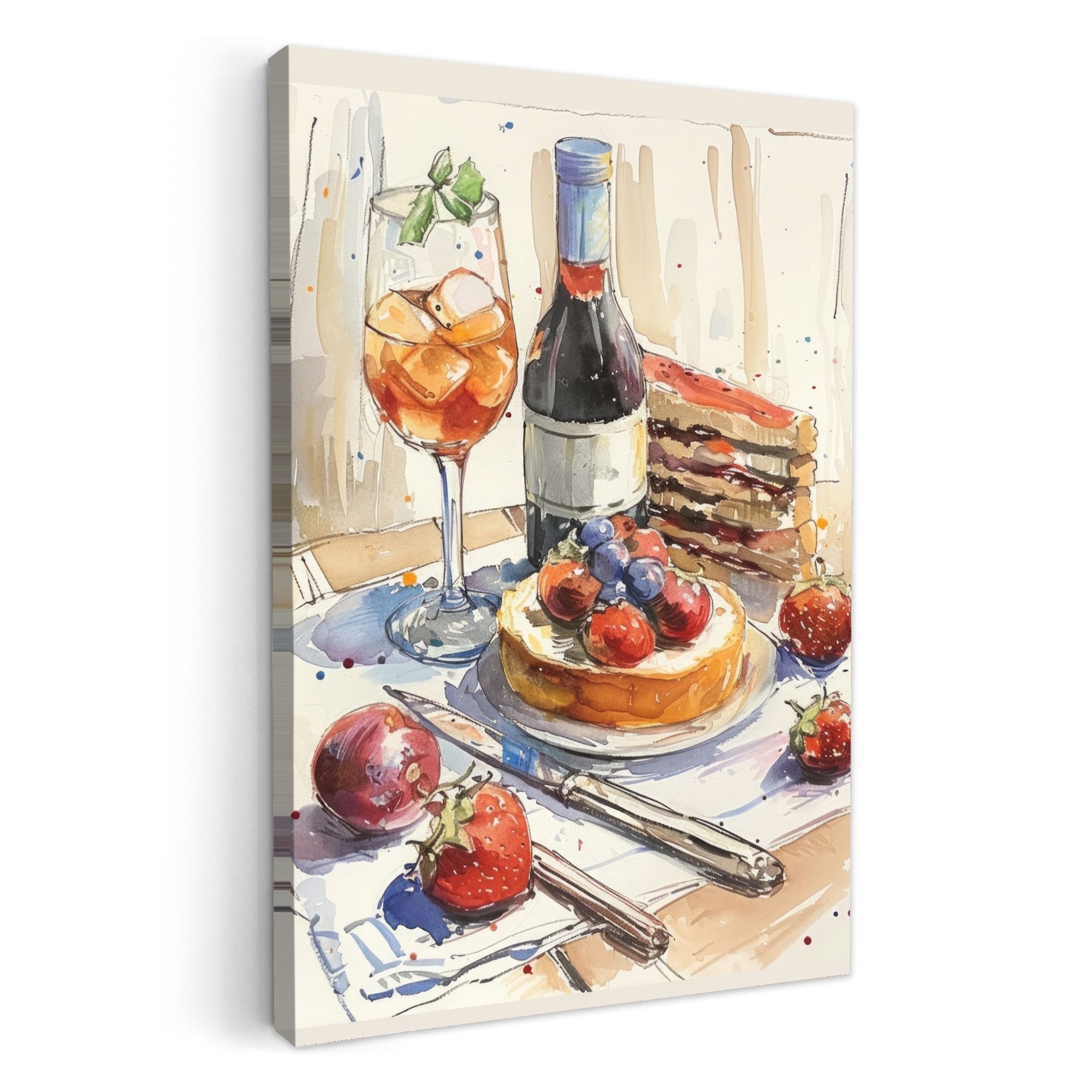 OneMillionCanvasses® Leinwandbild Dessert - Lebensmittel - Aquarell-Illustration, Fotodruck (1 St), Wandbilder für Esszimmer, Wanddeko Bilder Küche, 20x30 cm