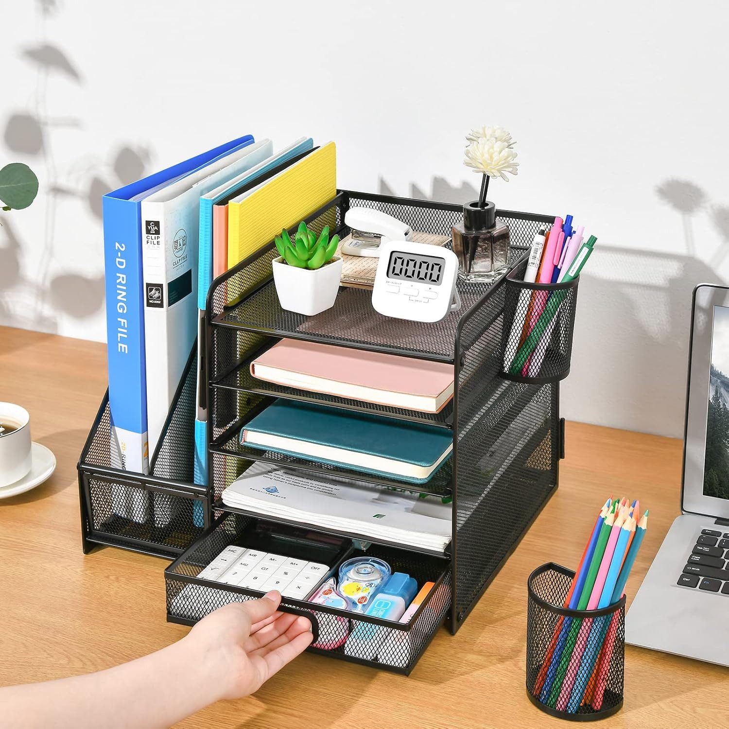 SURFOU Schreibtischaufsatz Schreibtisch Organizer mit Aktenhalter 5Tier Briefablage Ablagefächer, (mit Schublade 2 Stifthalter, Netz Schreibtisch Ablage), für B – Bild 4 von 5