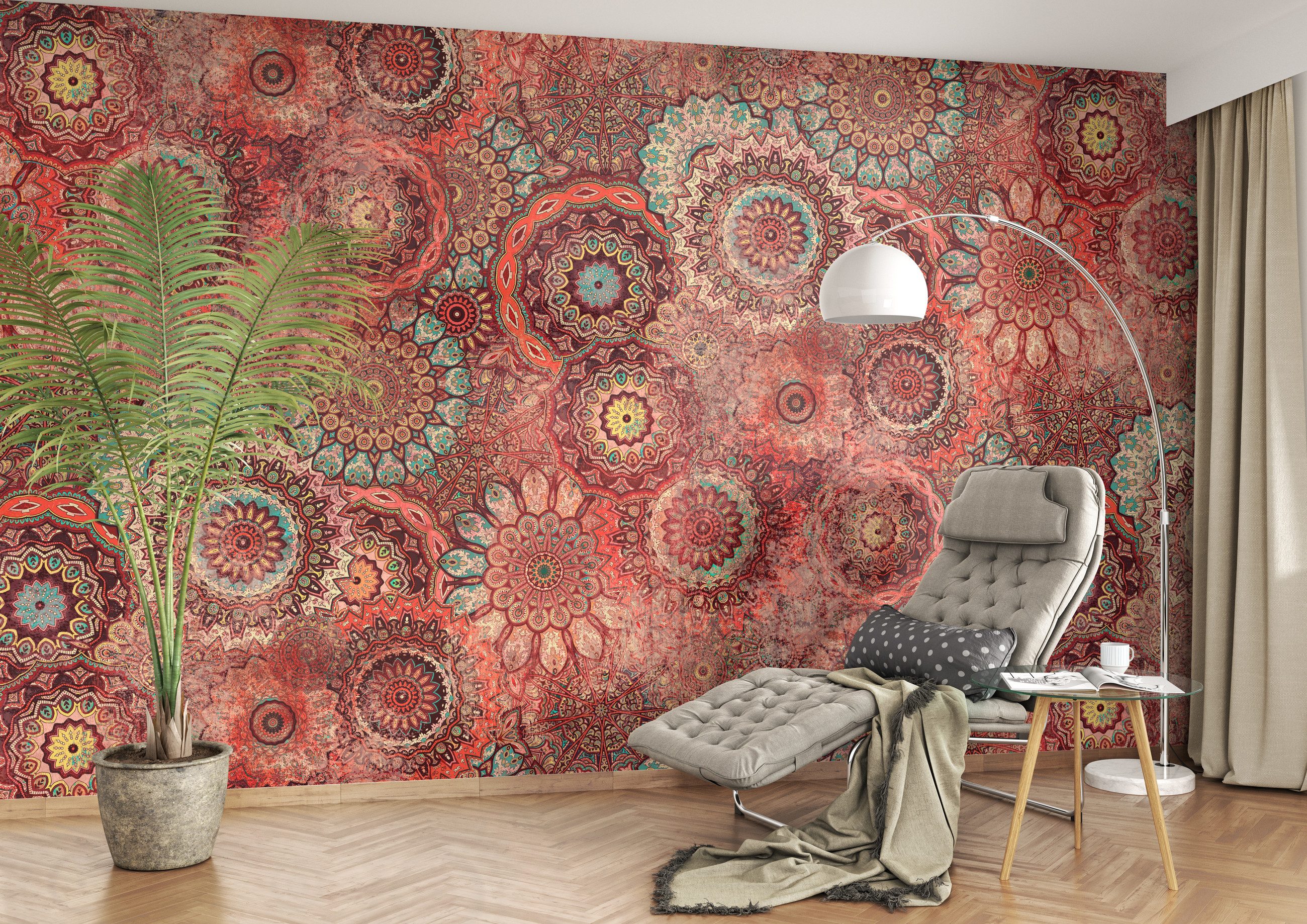 Rasch Fototapete Boho Ethno Hippie Vintage Kreise - Vliestapete Rot, bedruckt, Vintage-Optik, (1 Rolle, 1 St., Kollektion 'Magicwalls' - 2,65 m x 3,71 m), Lichtbeständige Farben - Feucht abwischbar - Restlost abziehbar