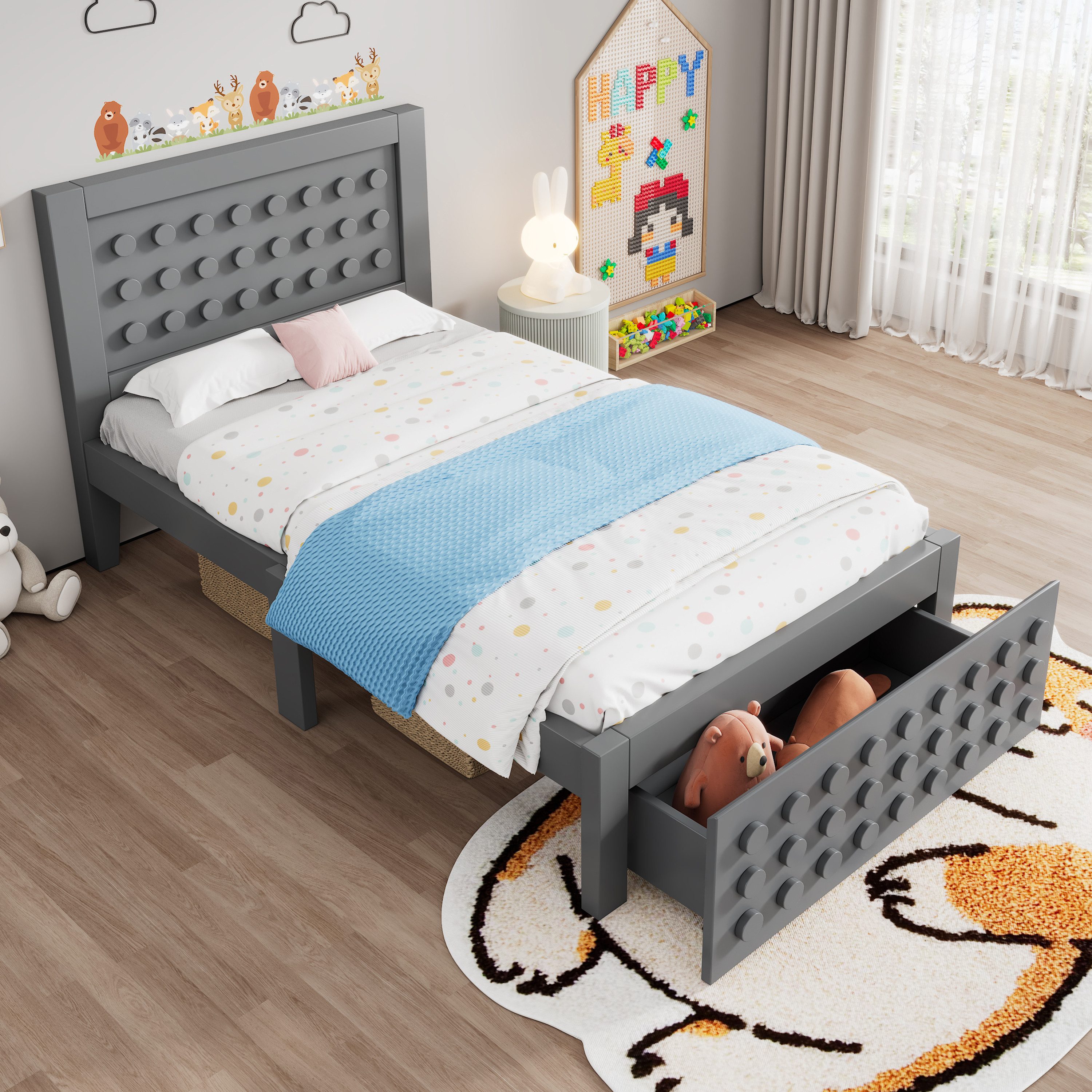 Merax Kinderbett in Kreatives Block-Design (Jugendbett, 1-tlg), Holzbett 90x200cm mit Lattenrost, Schublade & Unterbett-Stauraum
