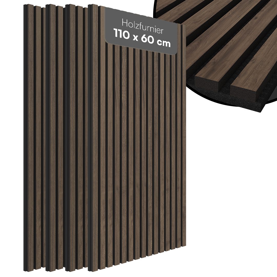 Bellamio Wandpaneel Kilwa, Akustikpaneel Holzoptik, BxL: 60x110 cm, 0,66 qm, (Walnuss, 4-tlg) 3D Lamellenwand schallabsorbierend, in verschiedenen Größen verfügbar