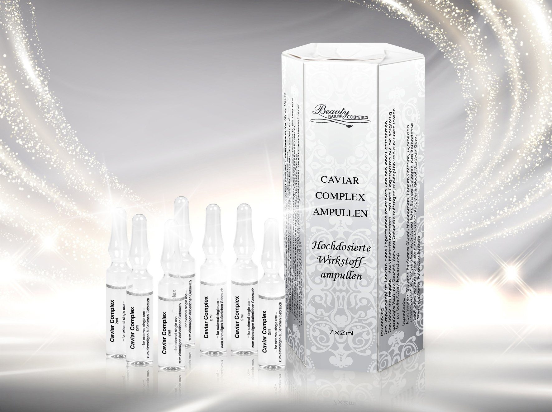 Beauty Nature Cosmetics Augenpflege-Set Caviar Complex Wirkstoffampullen, Anti-Aging, hochdosierte Anti Falten Wirkung, Aloe Vera kühlt angenehm