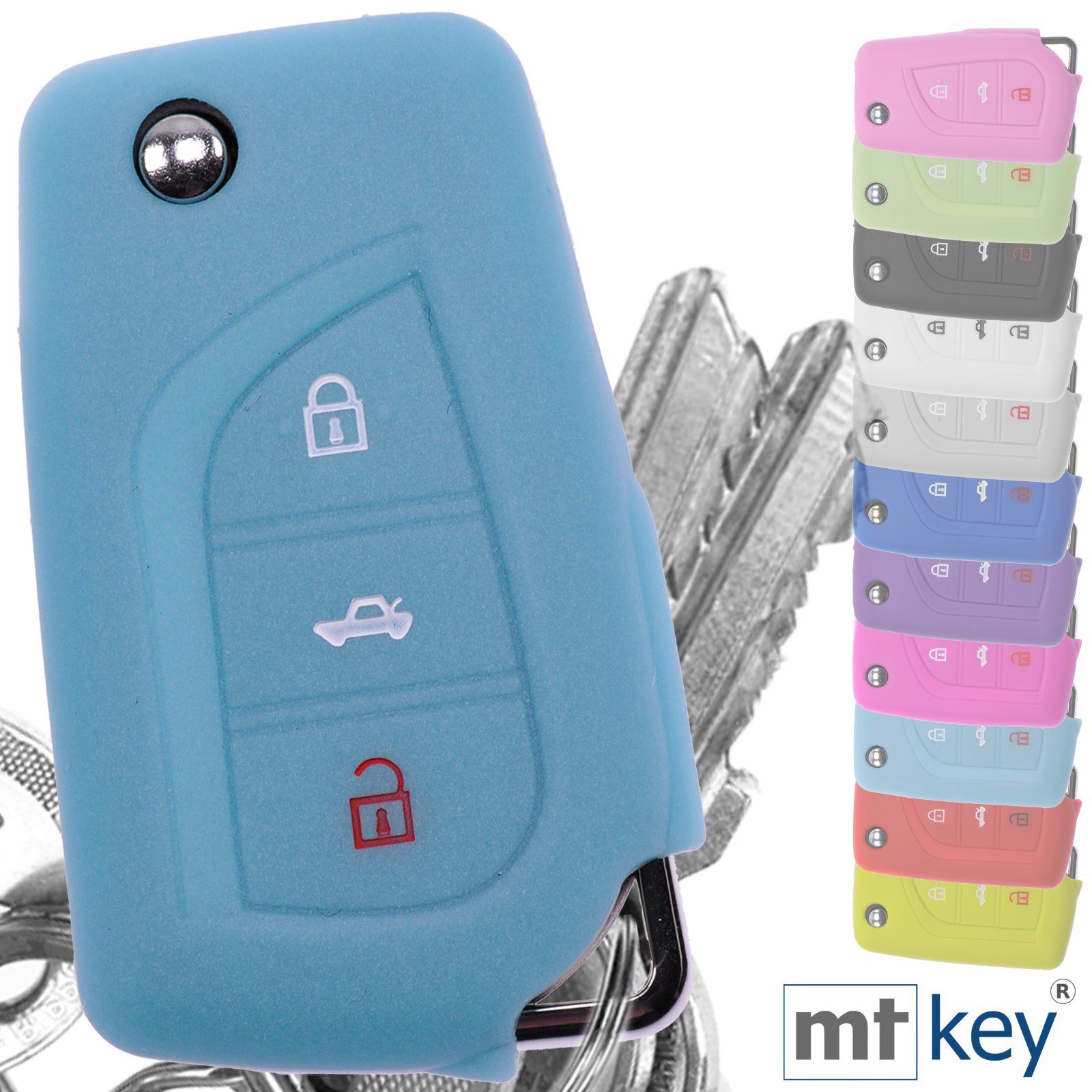 Schutzhülle Klappschlüssel Silikon Schlüsseltasche 3 Autoschlüssel Softcase Toyota AURIS fluoreszierend für mt-key Corolla Avensis Tasten Blau,