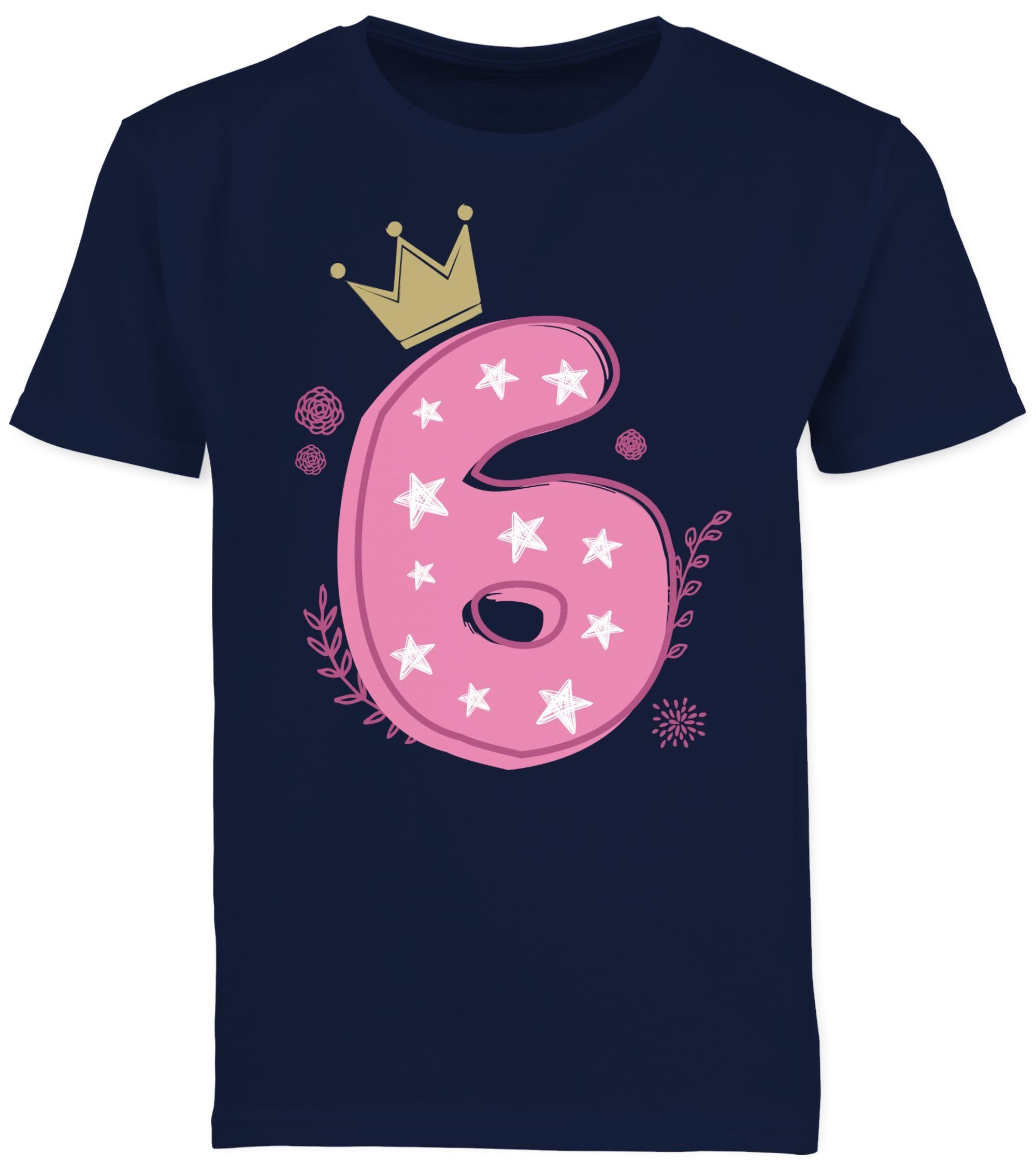 Shirtracer T-Shirt Sechster Mädchen Krone Sterne 6. Geburtstag 2 Dunkelblau