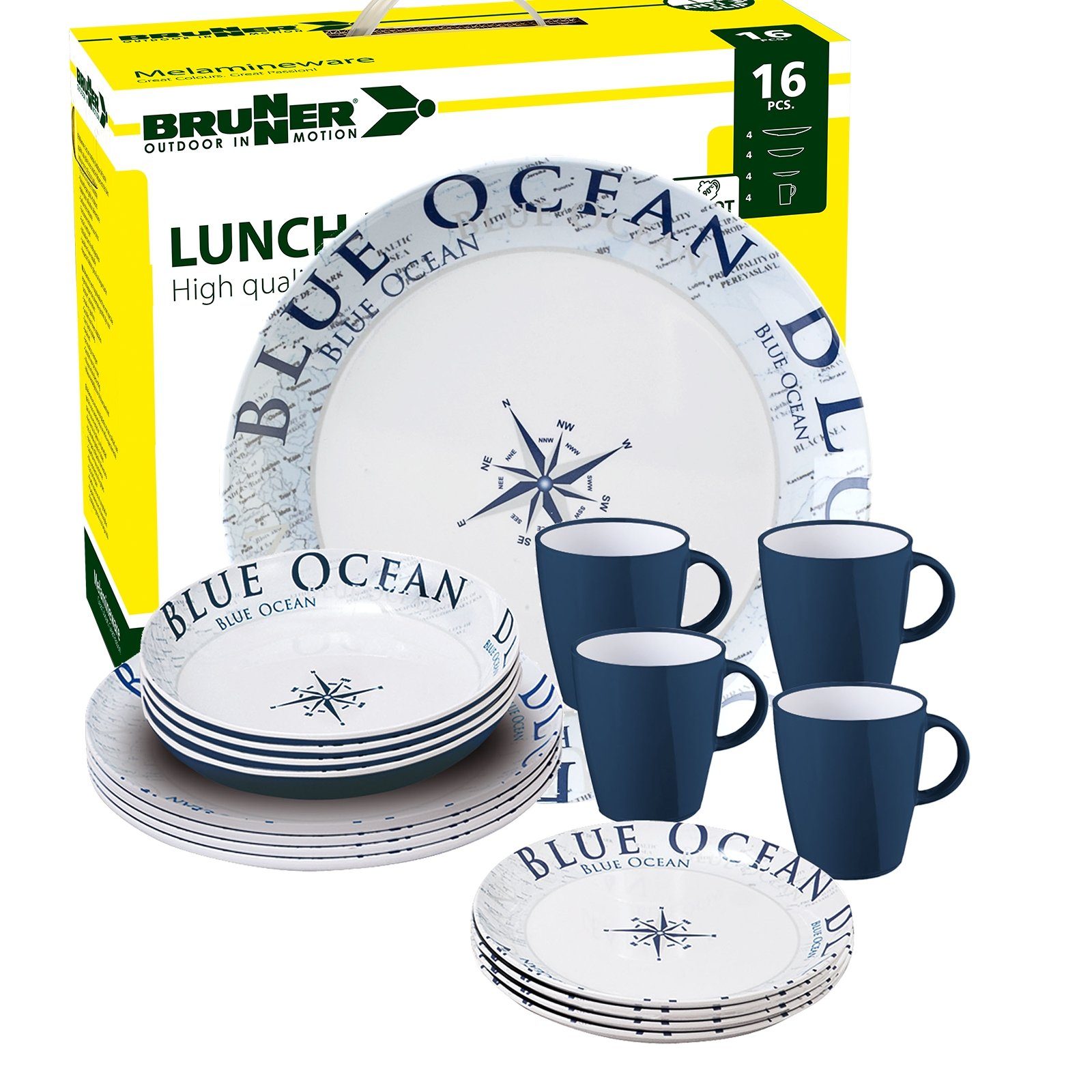 BRUNNER Geschirr-Set BRUNNER Melamin Campinggeschirr Set BLUE OCEAN (8, 12, 16, 36-Teile) (16-tlg)